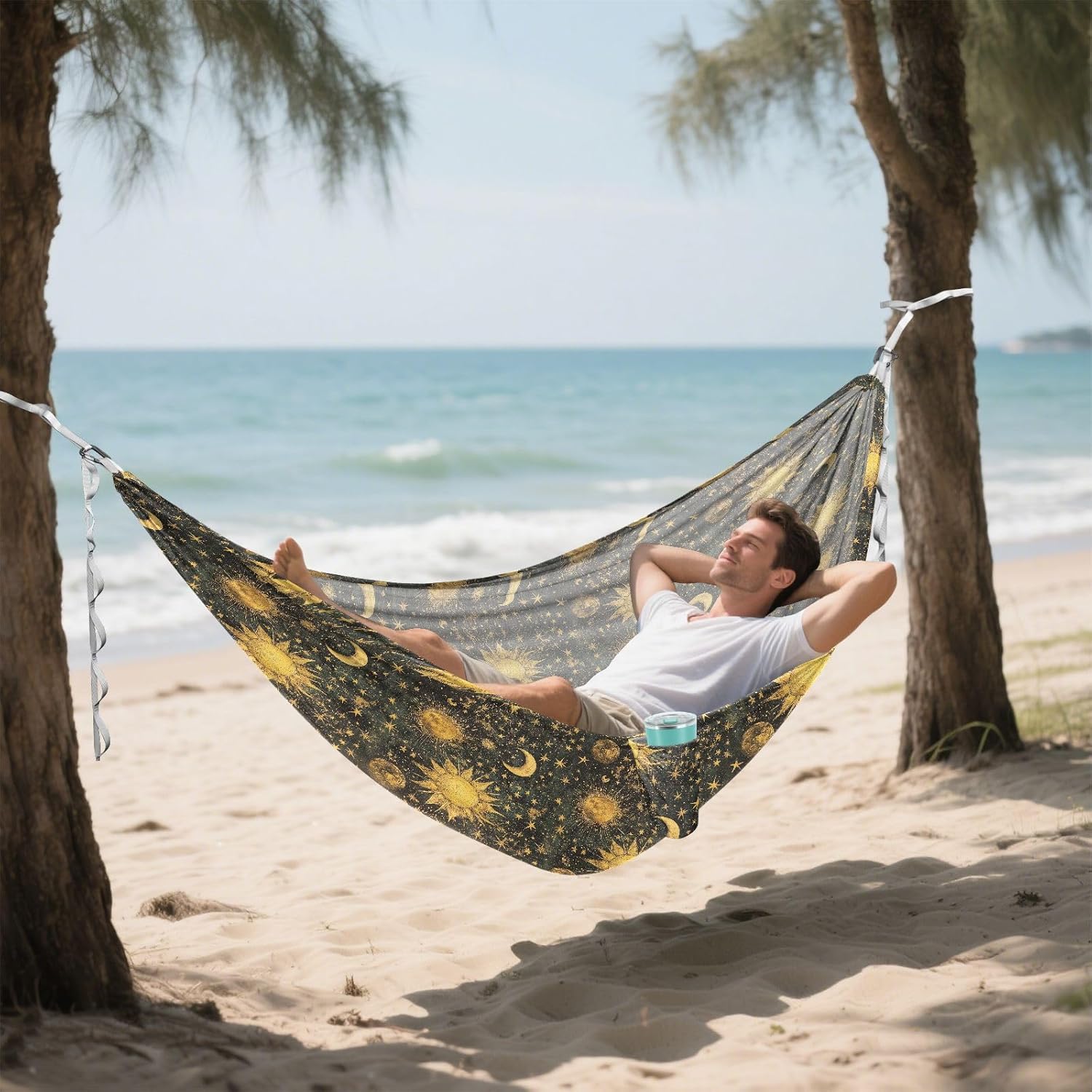 ALAZA Alchemy Moon Star Sun Camping Hammocks Single or 2 Person 500 lbs Portable Parachute Travel Hammock w/Tree Straps for Hiking Backpacking Indoor Outdoor