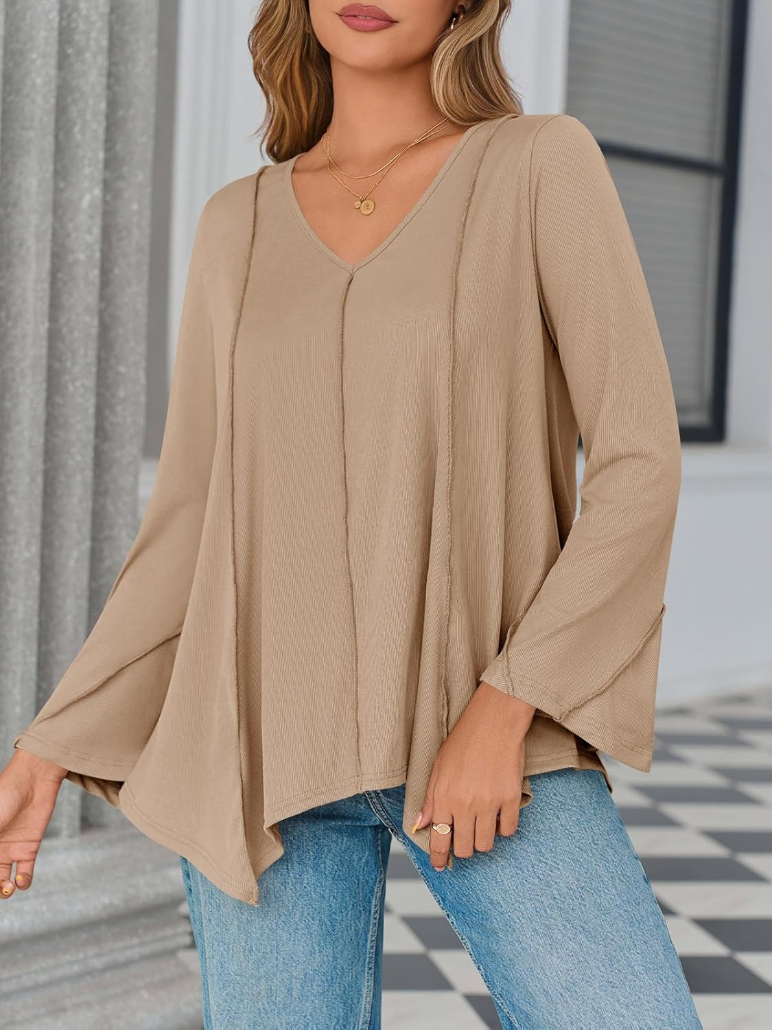 Tankaneo Womens Long Bell Sleeve Tops V Neck Asymmetrical Hem Ribbed Shirts Flowy Trendy Loose Fit Tees Tunic Shirts - Image 3