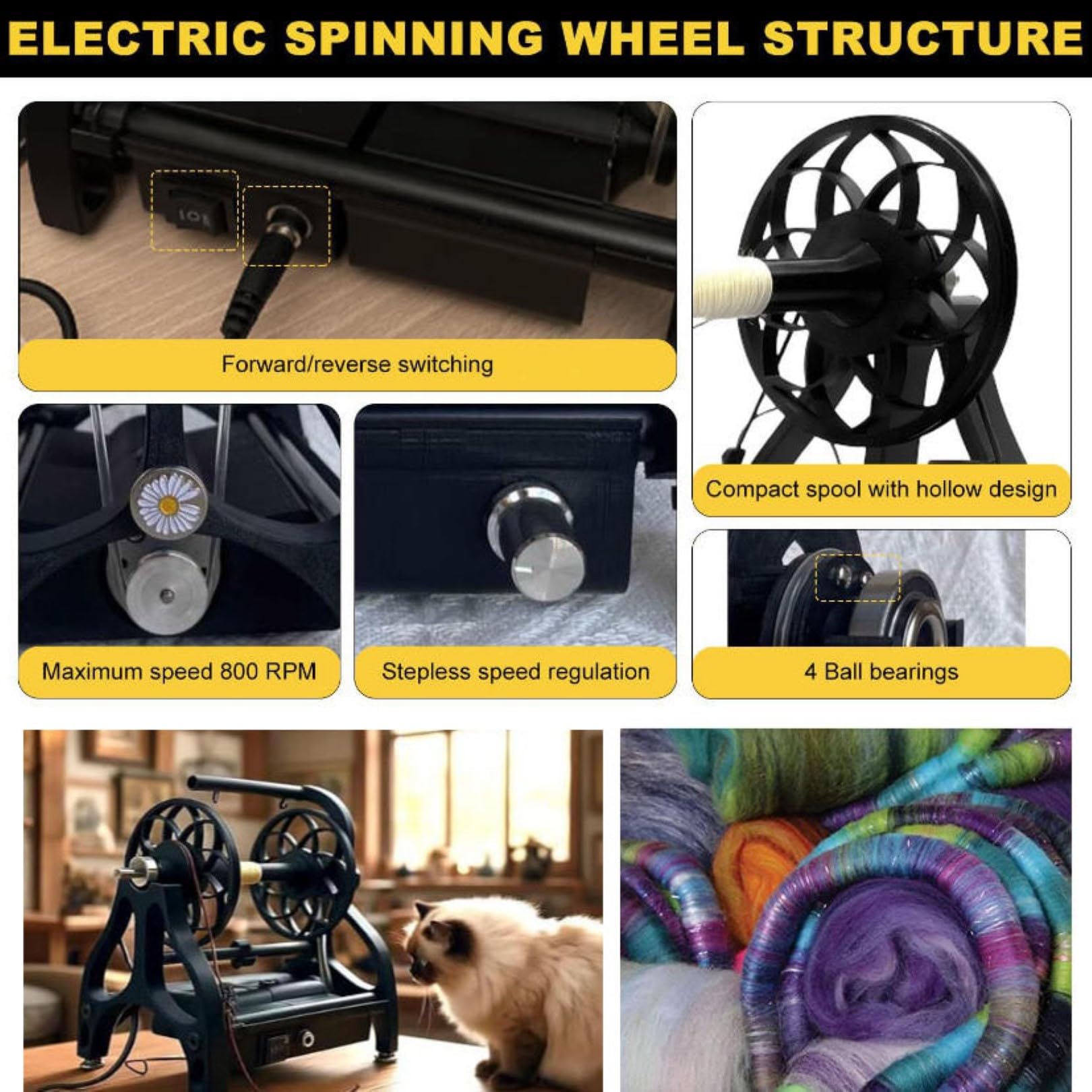 Rueda giratoria eléctrica para máquina de bobinado de lana de 800 RPM con velocidad ajustable, interruptor de avance y retroceso, 4 rodamientos de bolas, diseño hueco para el hogar