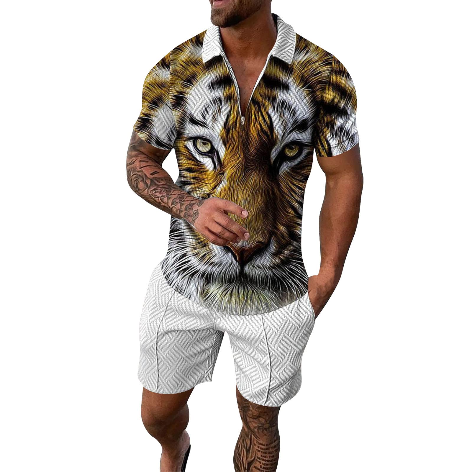 ADMAY 2023 Casual Pantalones Cortos de Verano de los Hombres de Jogging Camisa y Pantalones Cortos Casual de los Hombres de Manga Corta Conjunto Completo de Verano de Dos Piezas Mono con Cremallera Vestido