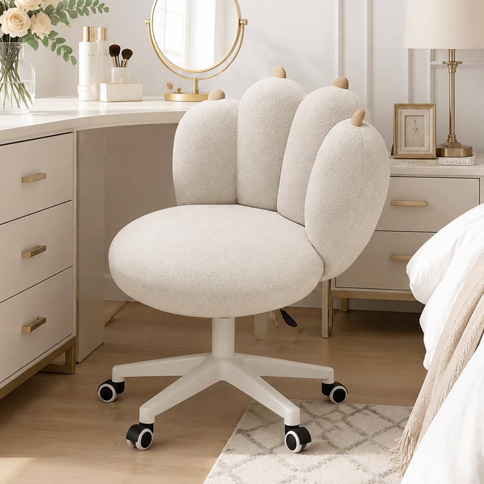 XUEGW Adorable Cat Paw Vanity Chair with Teddy Fleece,Armless Makeup Seat with Wheels,Height Adjustable Mid-Back Computer Task Seat for Bedroom,Living Room(White)