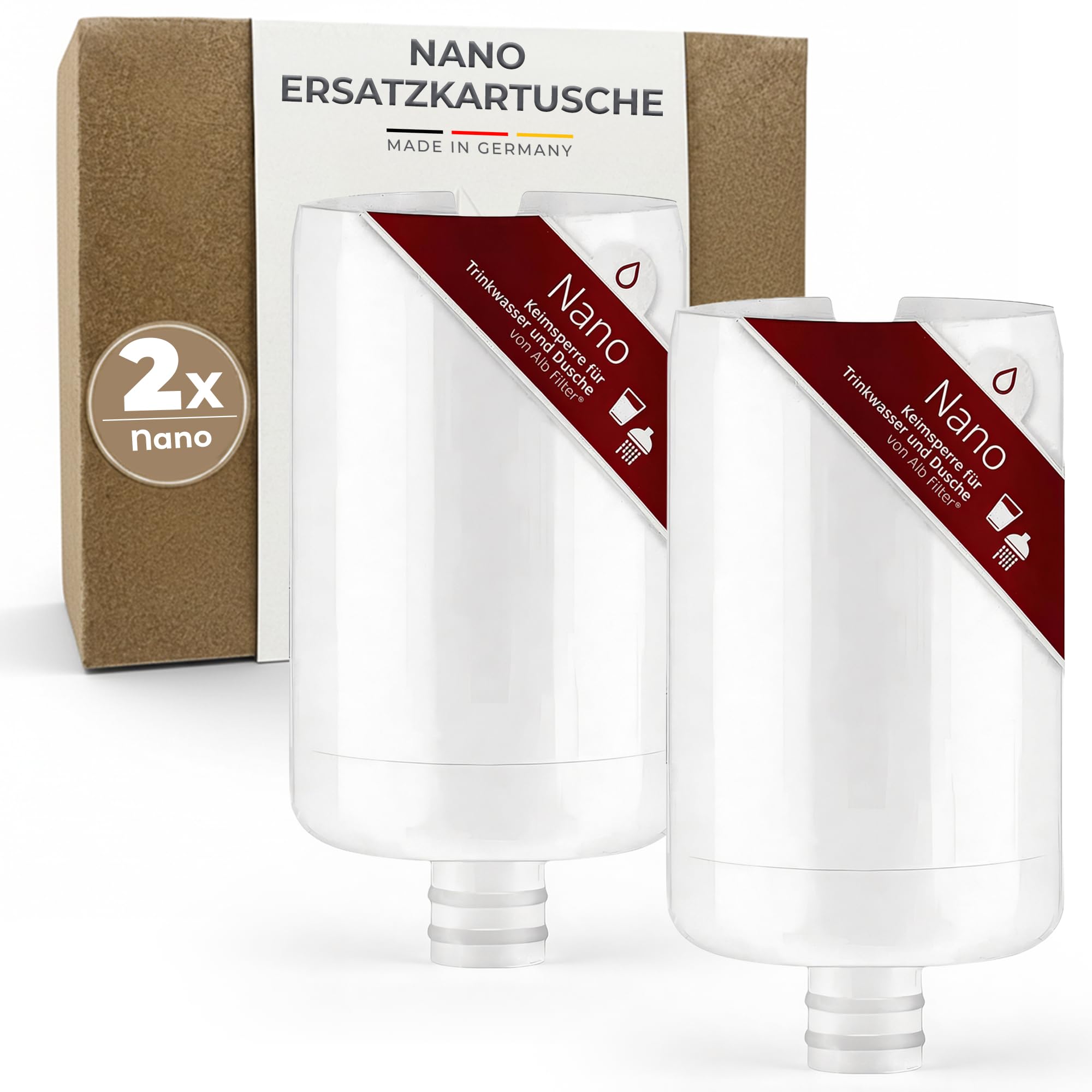 Alb Filter Nano Ersatzkartusche 2er-Pack – Einzelkartusche für den Wasserfilter – Sicheres Trinkwasser für Familie, Reisen & Hotels – Schutz gegen Keime & Bakterien im Wasser – Made in Germany