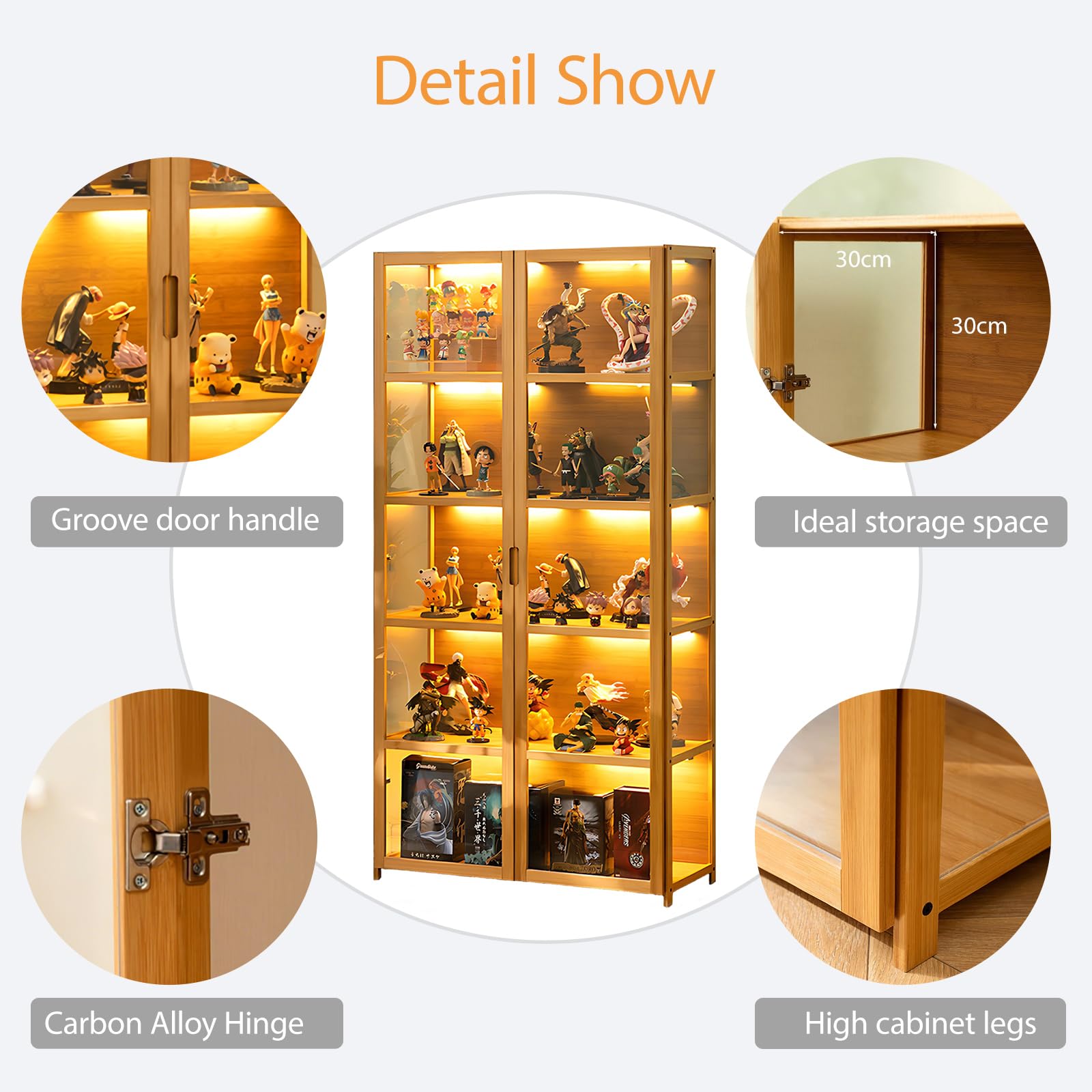 Vitrina Puerta de acrílico, Vitrina con 5 estantes, Organizador de Juguetes colección, estantería Dormitorio, rincón de Lectura, niños, bambú (Doble Puerta marrón)