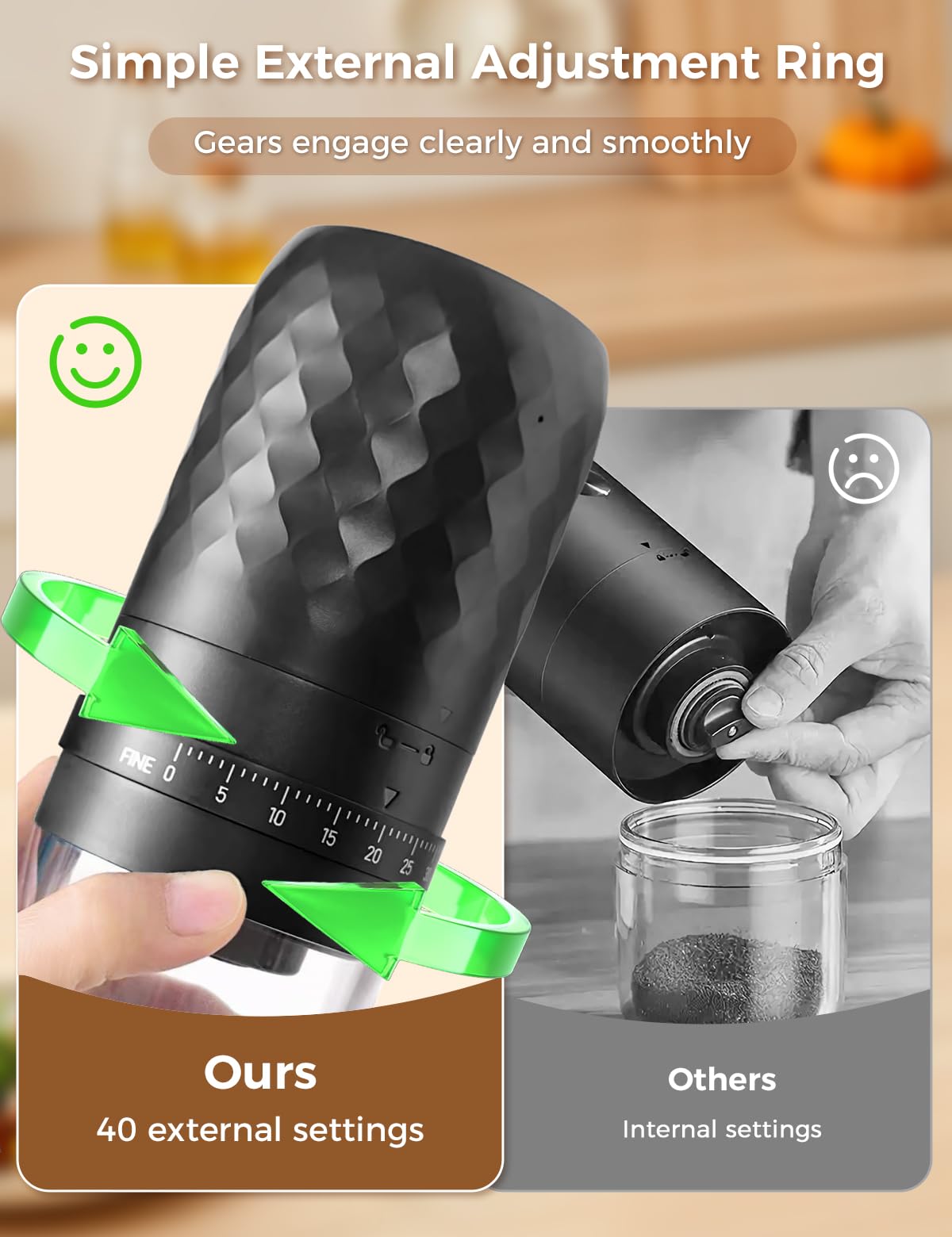 Aswitye Portable Electric Coffee Grinder with 40 Adjustable Settings, 1800mAh Rechargeable Battery and Faster Grinding, Coffee Bean Grinders with Cleaning Brush for Camping, Travel, Office, Home - 4