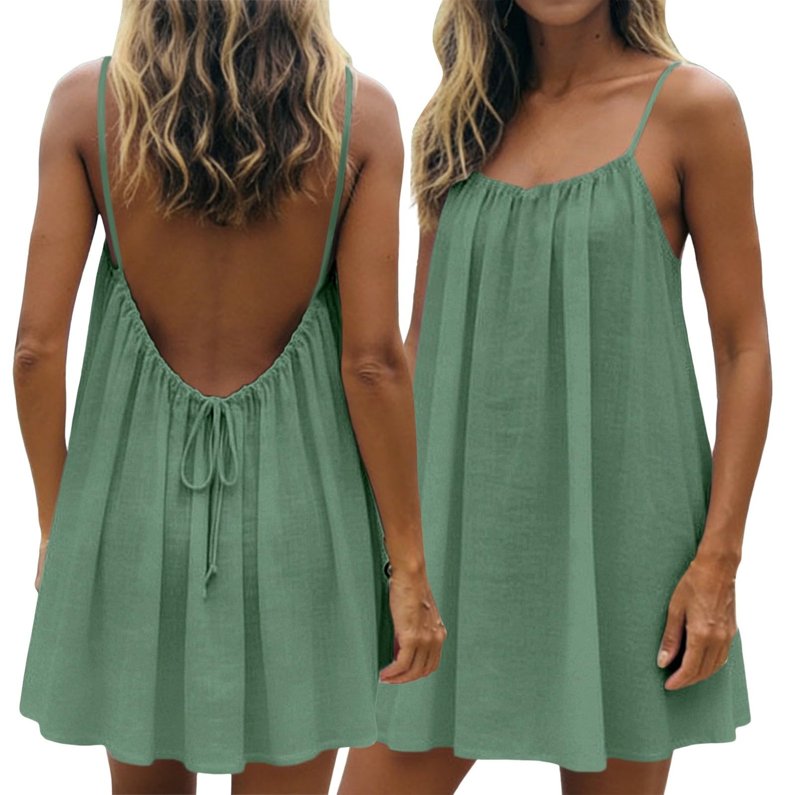 Vestido corto de verano para mujer, vestido de verano ligero hasta la rodilla, vestido de playa, vestido suelto, tallas grandes, vestido sin mangas, tirantes finos, sin espalda, vestido de