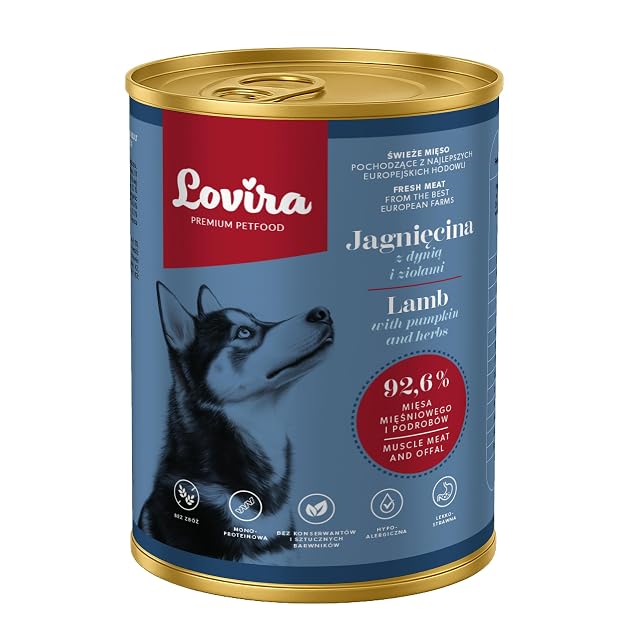 Lovira - Comida para Perros húmeda - Comida húmeda para Perros - con 74,6% de Carne, sin Cereales - Cordero