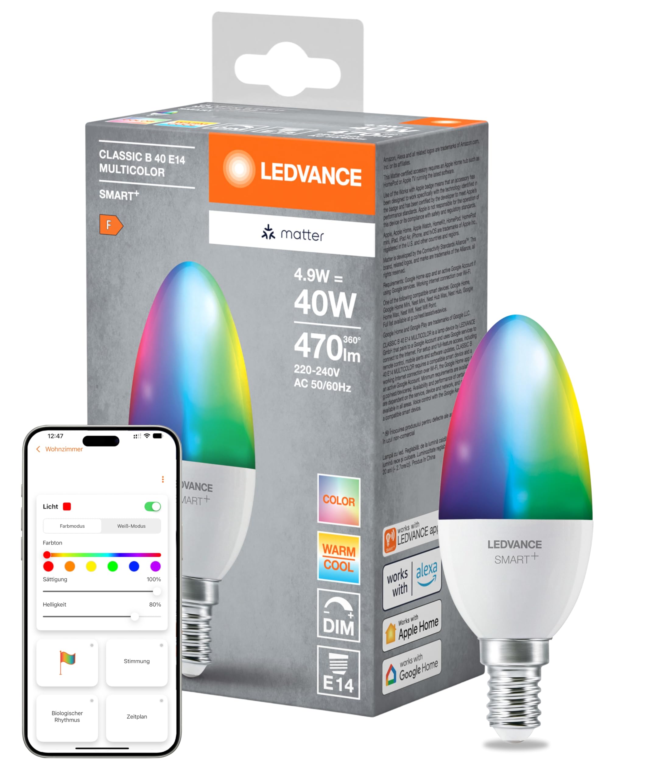 LEDVANCE LEDVANCE SMART+ MATTER LED-Lampe, kompatibel mit Google, Alexa, Apple, weiße Frost-Optik, 4,9W, 470lm, E14, Farblicht & Weißlicht, App- oder Sprachsteuerung, bis zu 20.000 Std. Lebensdauer,single pack