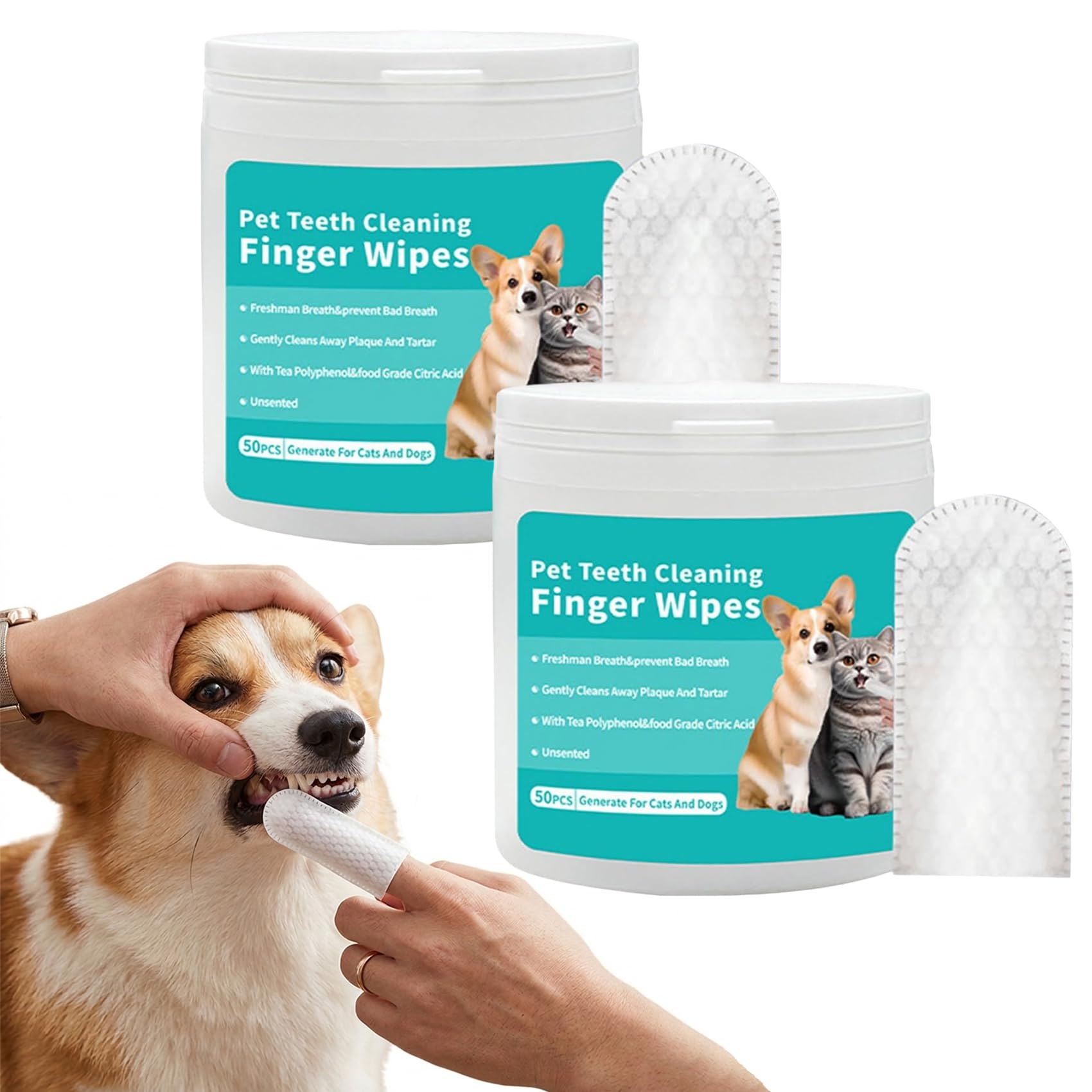 Elarie Natural Pet Dental Finger Wipes - Effective Odor & Tartar Remover for Fresh Breath, 50PC Pre-Moistened Teeth Cleaning Wipes, Easy to Use Pet Tooth Cleaner for Dogs & Cats (2Boxes)