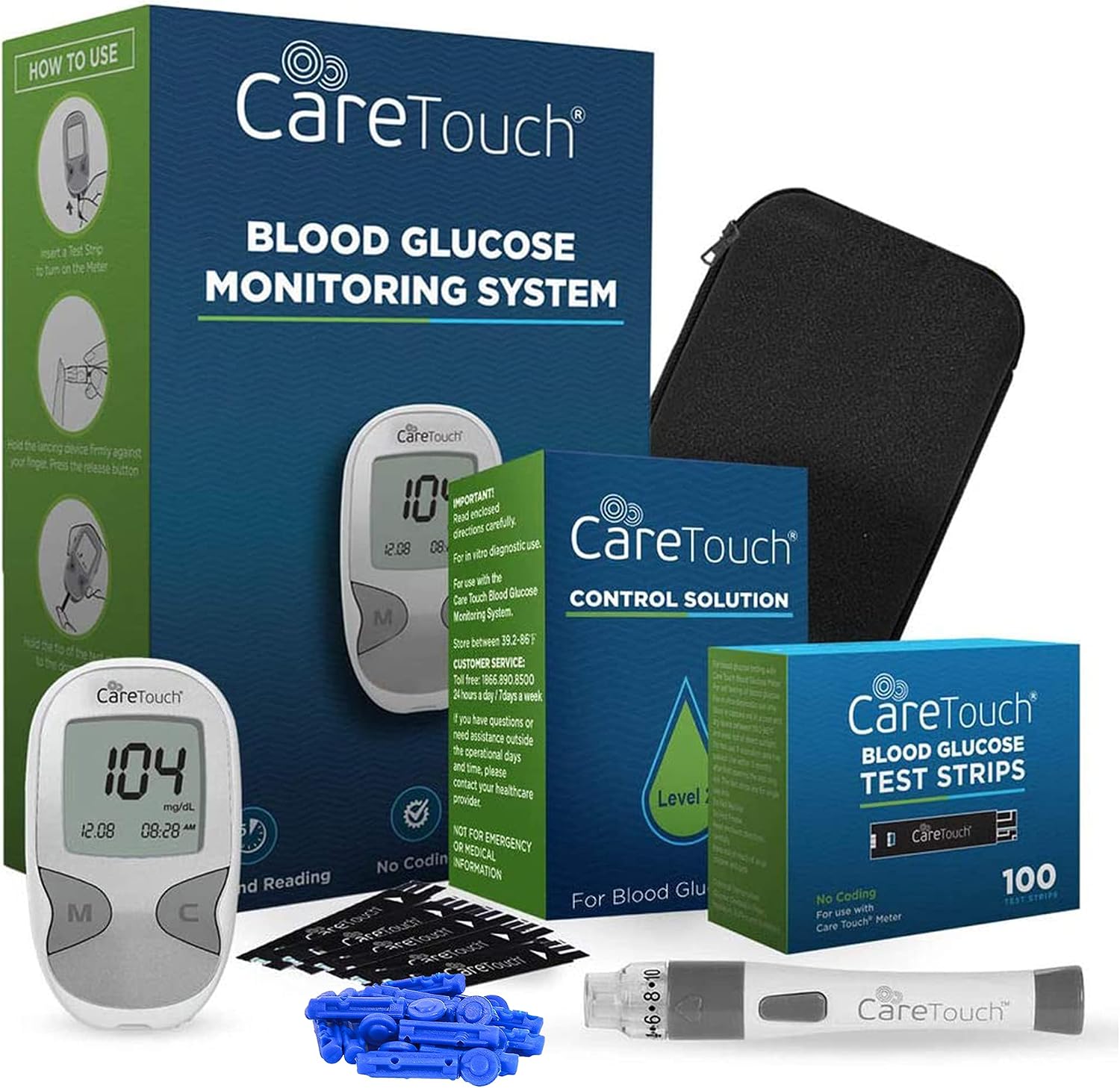 Care Touch Diabetes Testing Kit - Blood Glucose Monitor, 100 Blood Glucose Test Strips, 100 30-Gauge Lancets, Lancing Device, Battery, and Control Solution - for Blood Sugar Testing and Monitoring