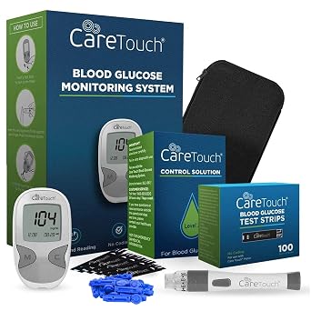 Care Touch Diabetes Testing Kit - Blood Glucose Monitor, 100 Blood Glucose Care Touch Test Strips, 100 30-Gauge Lancets, Lancing Device, Battery & Control Solution - Blood Sugar Testing and Monitoring