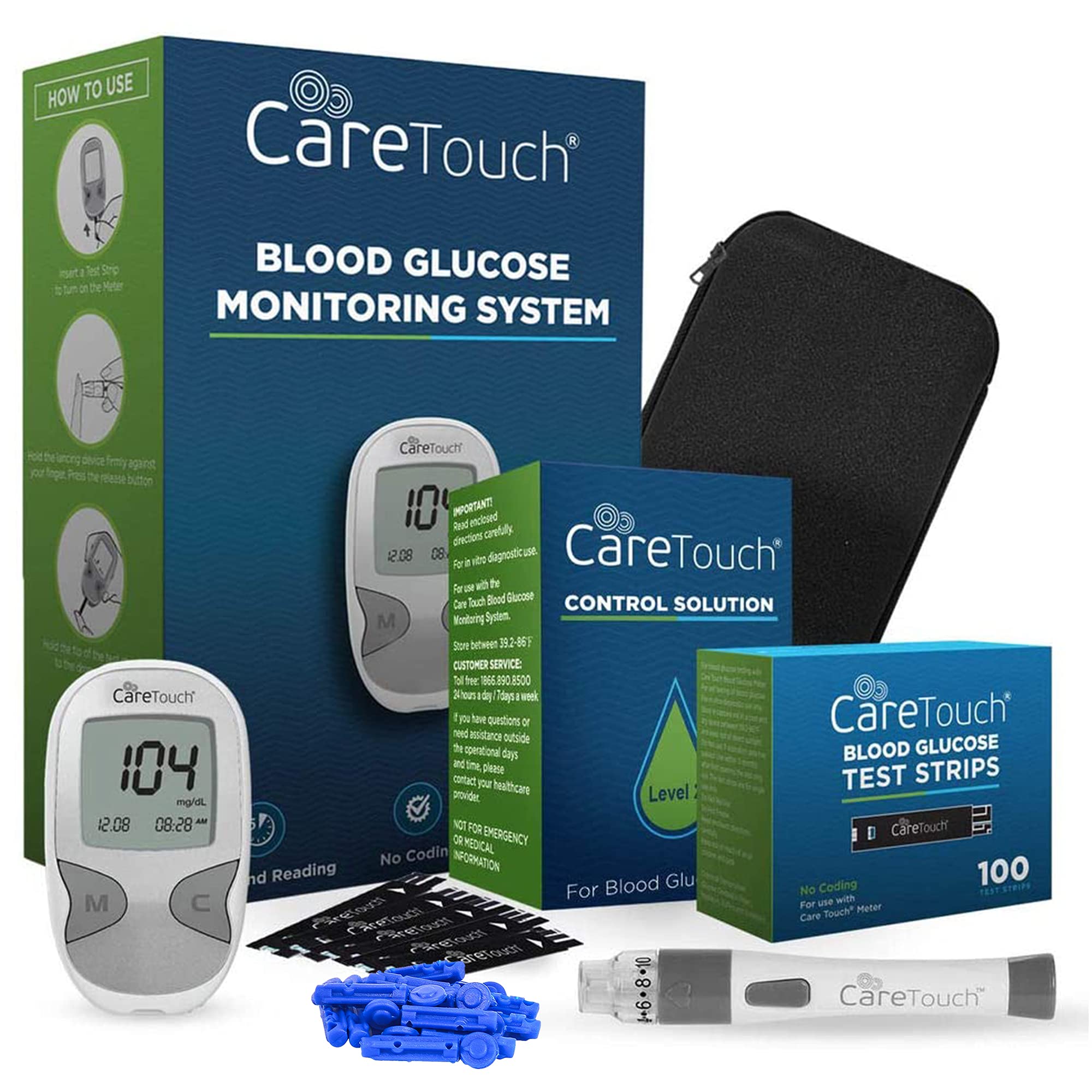 Care Touch es Testing Kit - Blood Glucose Monitor, 100 Blood Glucose Test Strips, 100 30-Gauge Lancets, Lancing Device, Battery, and Control Solution - for Blood Sugar Testing and Monitoring