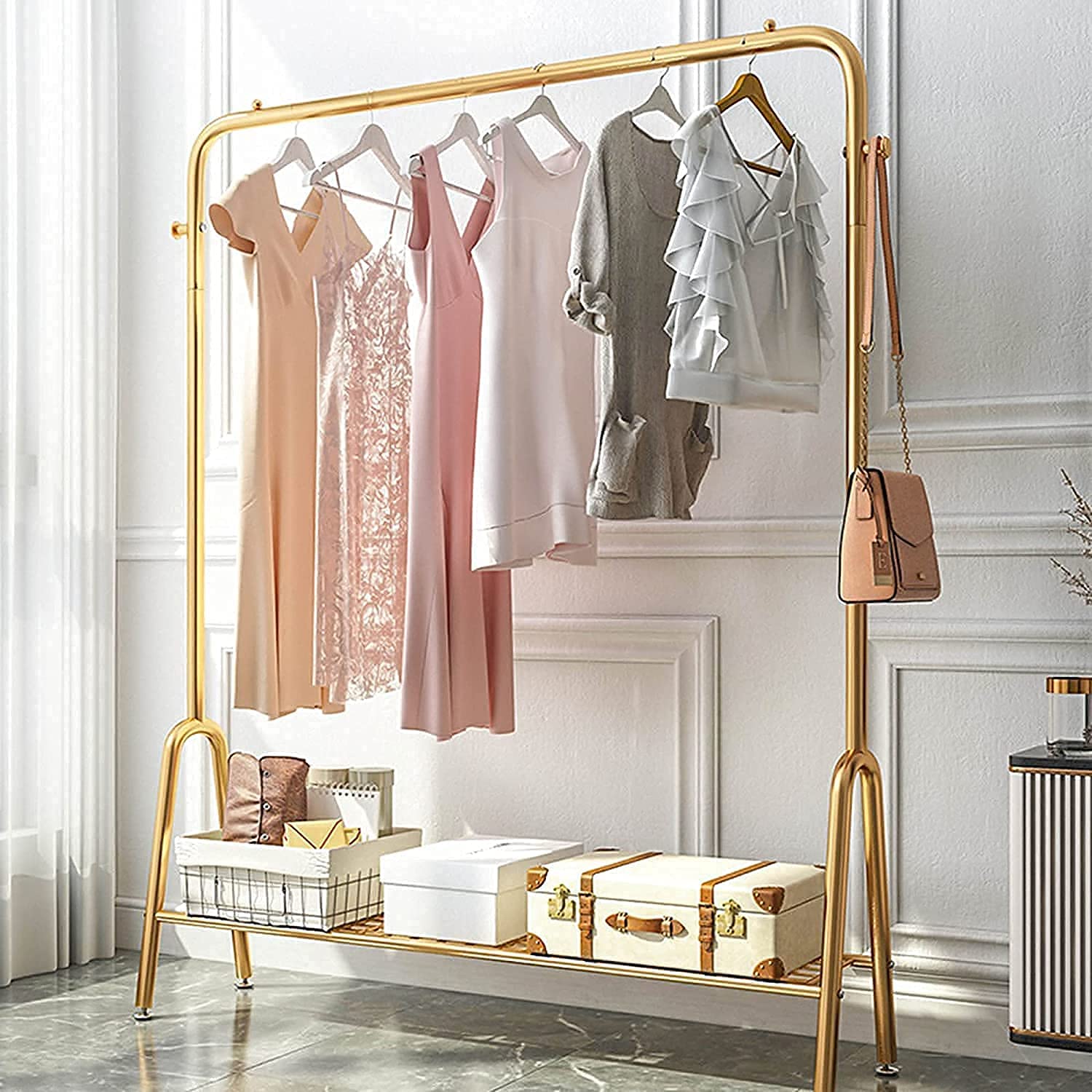 Schwerlast-Kleiderständer，Hochleistungs-Kleiderstange, Einpoliger, bodenstehender Kleiderständer aus Schmiedeeisen, mit 2 Haken und unterem Gestell, Schlafzimmergarderobe,Golden,100 cm,Golden,100 cm