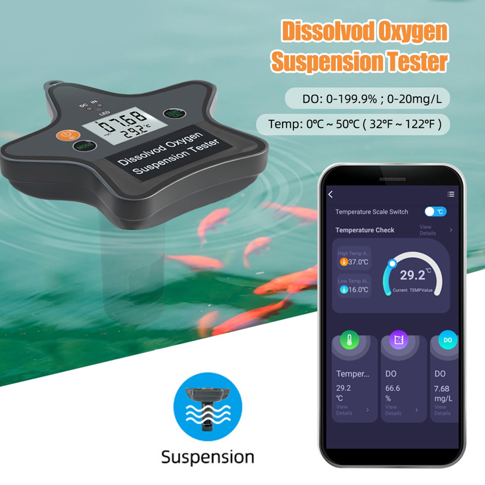 Topiky Digitales Messgerät für Gelösten Sauerstoff mit Bluetooth, Smart Suspension DO-Tester für Aquarien, Wasserqualitätsmonitor mit Datenexport, Auslaufsicheres Design, 5 Tage Batterielaufzeit,
