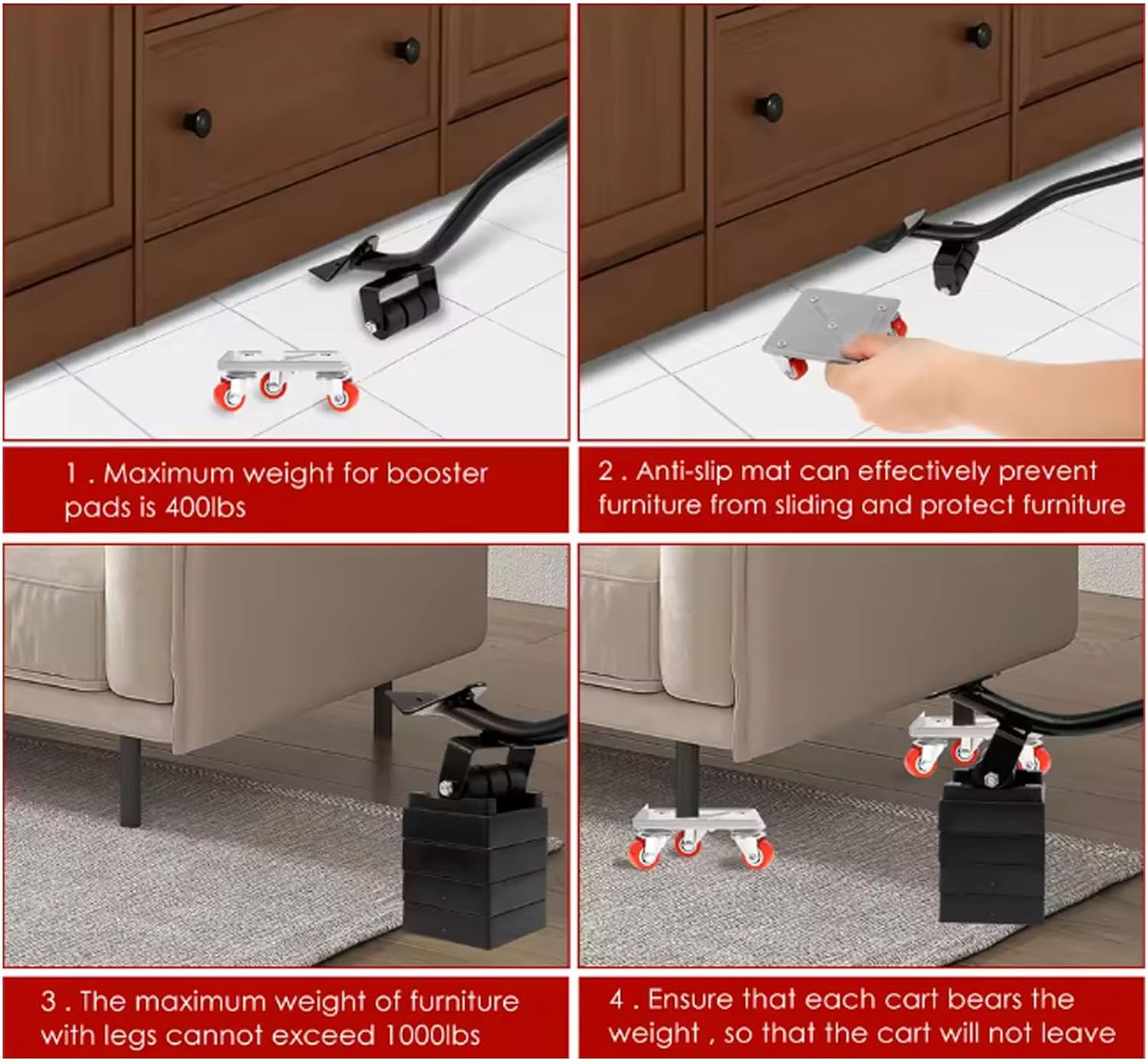 Low Profile Furniture Sliding Discs Movers 5 Point Systems with Antitilt Design for Stable Object Movement 4Pack Furniture Sliders