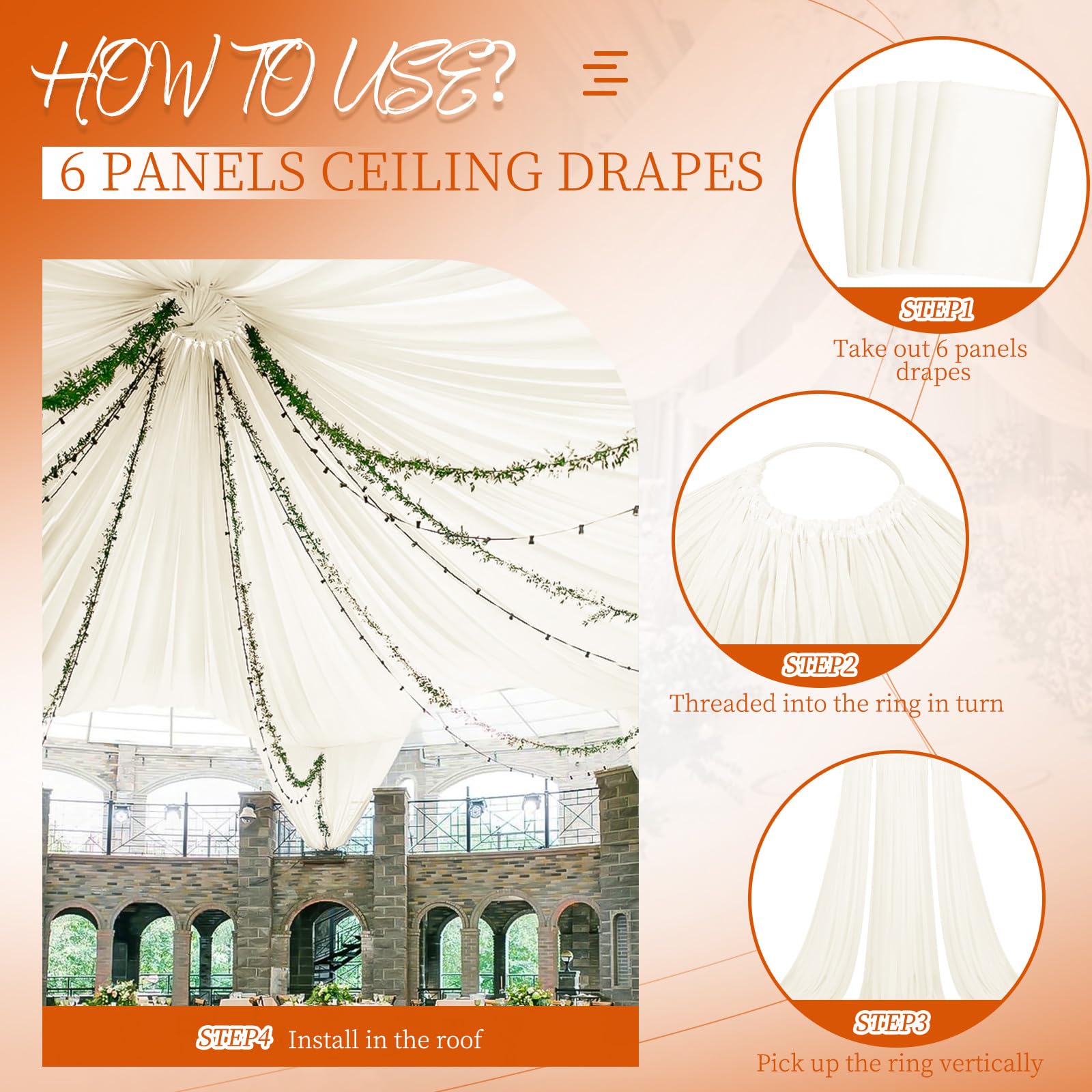 Showgeous Lot de 6 rideaux de plafond ivoire transparents en mousseline de soie pour fête, cérémonie, événement, décoration de mariage - 1,5 x 6,1 m
