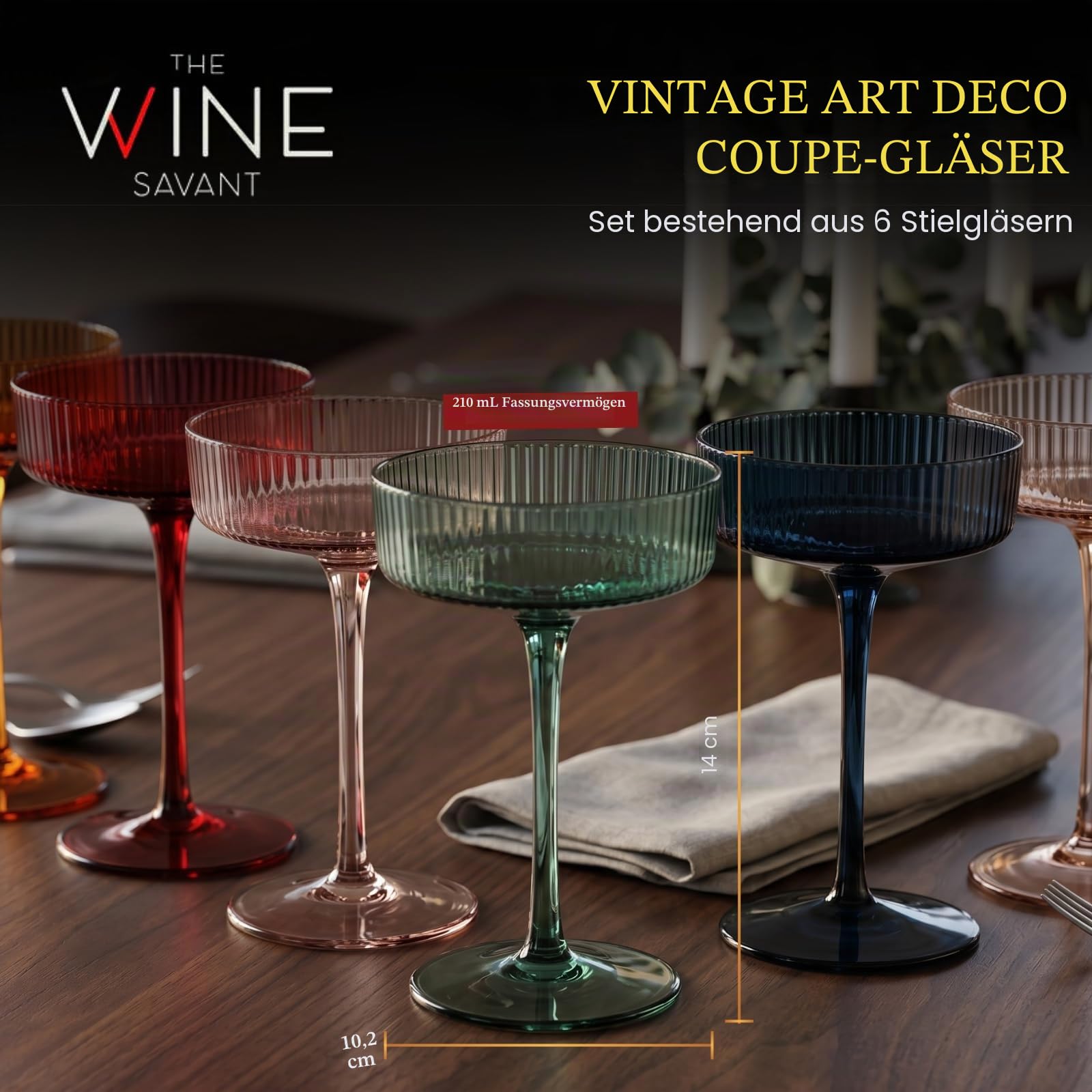 Farbige Vintage Art Deco Coupé-Gläser, Martini-, Cocktail- und Champagnergläser, geriffelt, 200 ml, 6 Stück, niedliche pastellfarbene gedämpfte Kristall-Cocktailgläser, Kelch, Cocktails, geriffelte
