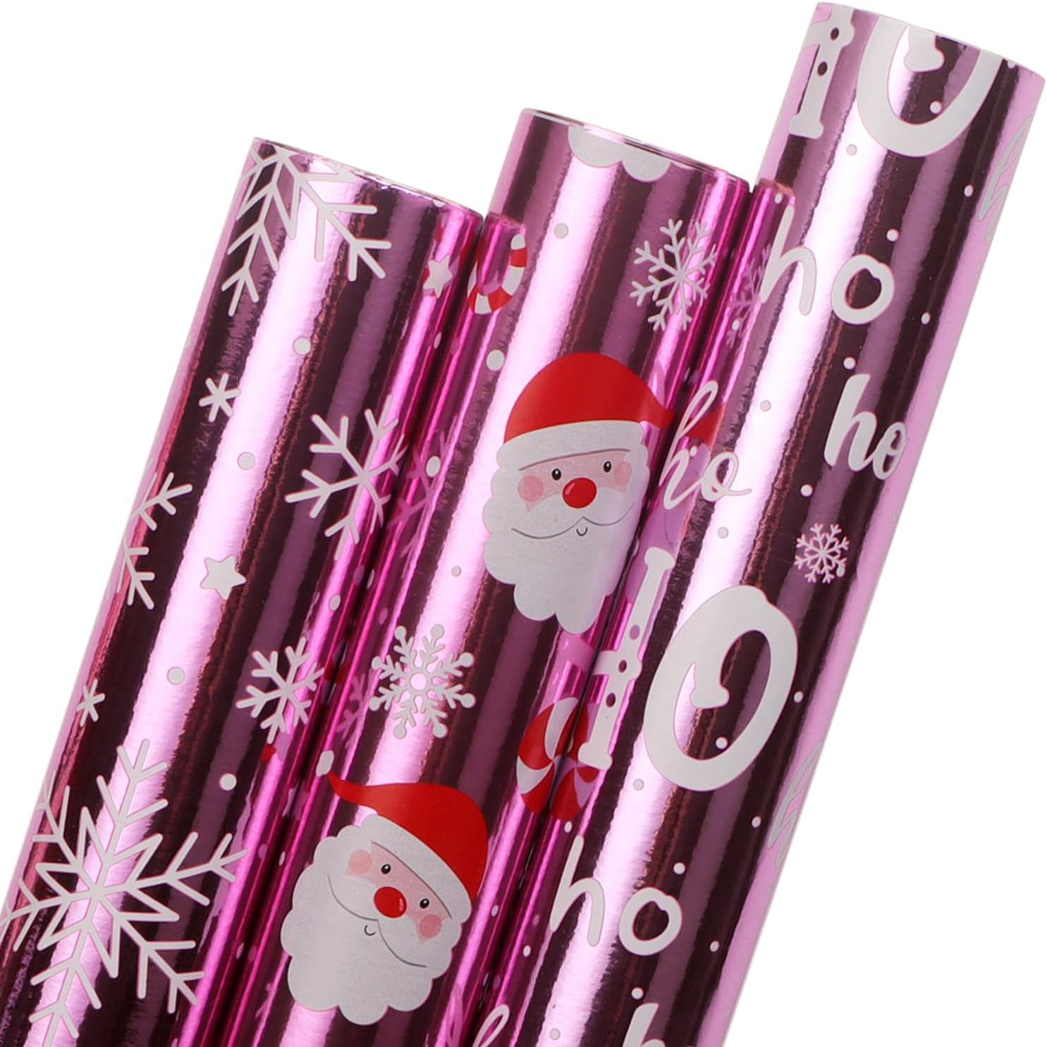 Ribbli Pink Christmas Wrapping Paper 3 Rolls Metallic Foil Shine Santa Snowflake Hoho Gift Wrapping Paper, Mini Roll-17 Inch x 10 Feet Per roll