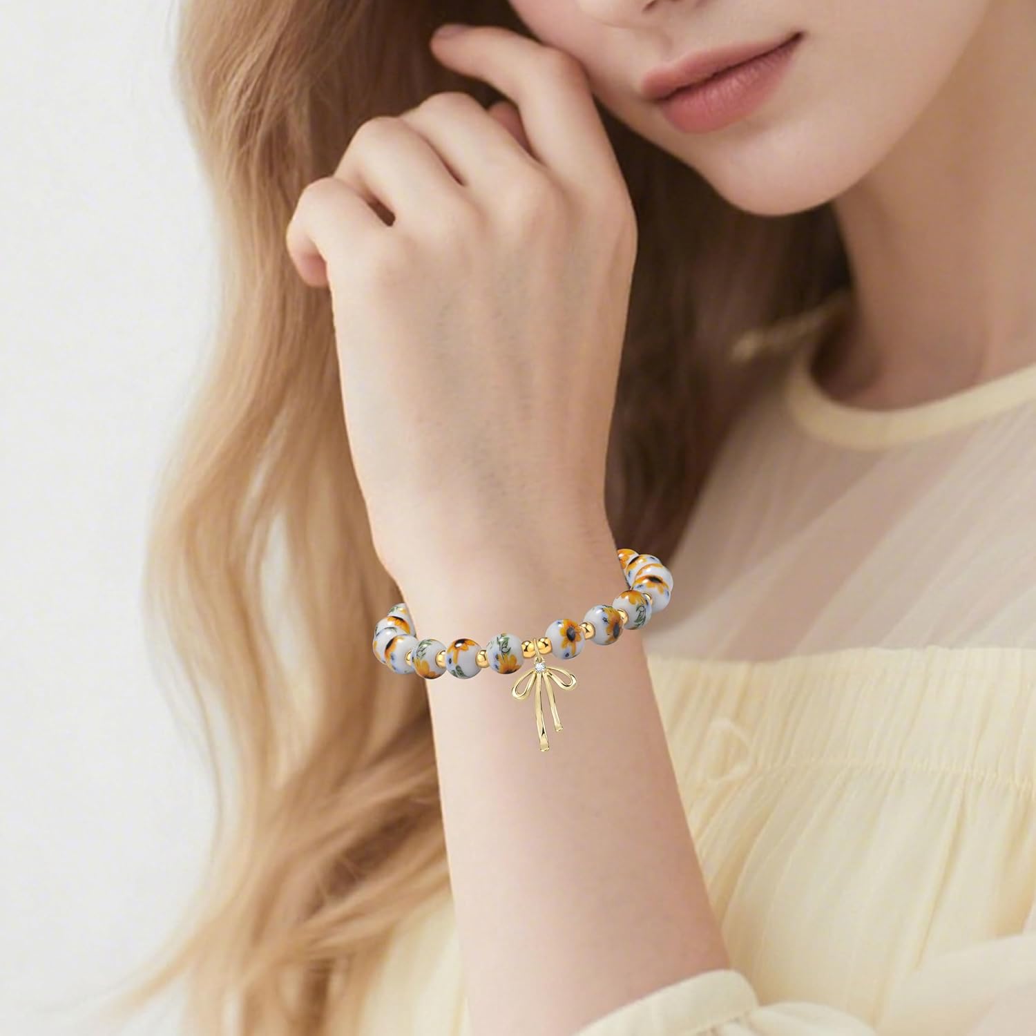 Beads Bow Stretch Bracelet for Women Vintage Flower Charm Bracelet Handmade Gold Beaded Dainty Romantic Jewelry Gift - Image 2