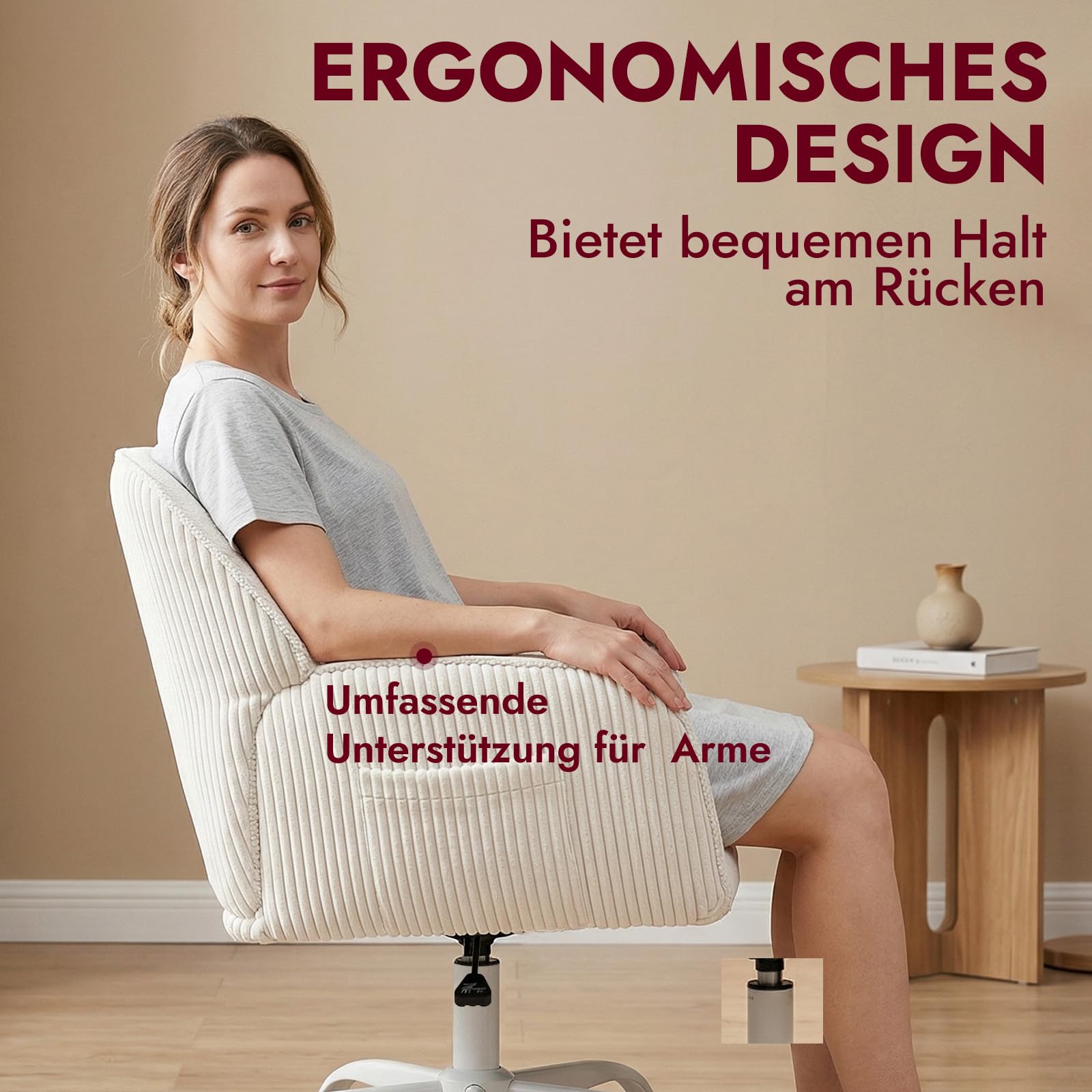 Bürostuhl Schreibtischstuhl Homeoffice Stuhl Schminktisch Stuhl – Sherpa- & Cordstoff, Ergonomisch mit Armlehnen, Höhenverstellbar,360° Drehbar, Leise Rollen, Breiter Sitz, Stabil, Weiß | Gepolsterter Schminkstuhl mit Seitentasche und Rollen, höhenverstel