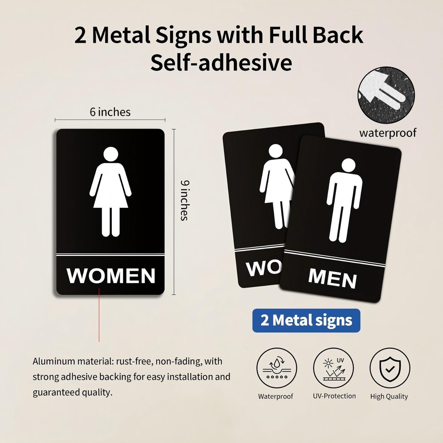 Restroom Sign - (2 Pack ) Metal Restroom Signs for Business with Strong Self-Adhesive, Bathroom Signs for Home Door or Wall, Ideal Unisex Restroom Signs for Women and Men, Easy to Install (Black Men and Women, 9" x 6") - Image 2