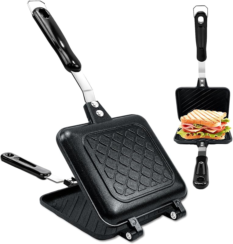 Sandwichera, Panini Antiadherente Prensa De Queso De Doble Cara | Sartén tostada con tapa de estufa a la parrilla doble con asa para desayuno, camping, hogar, cocina, 5,82 pulgadas de ancho x 13,07 pulgadas de largo