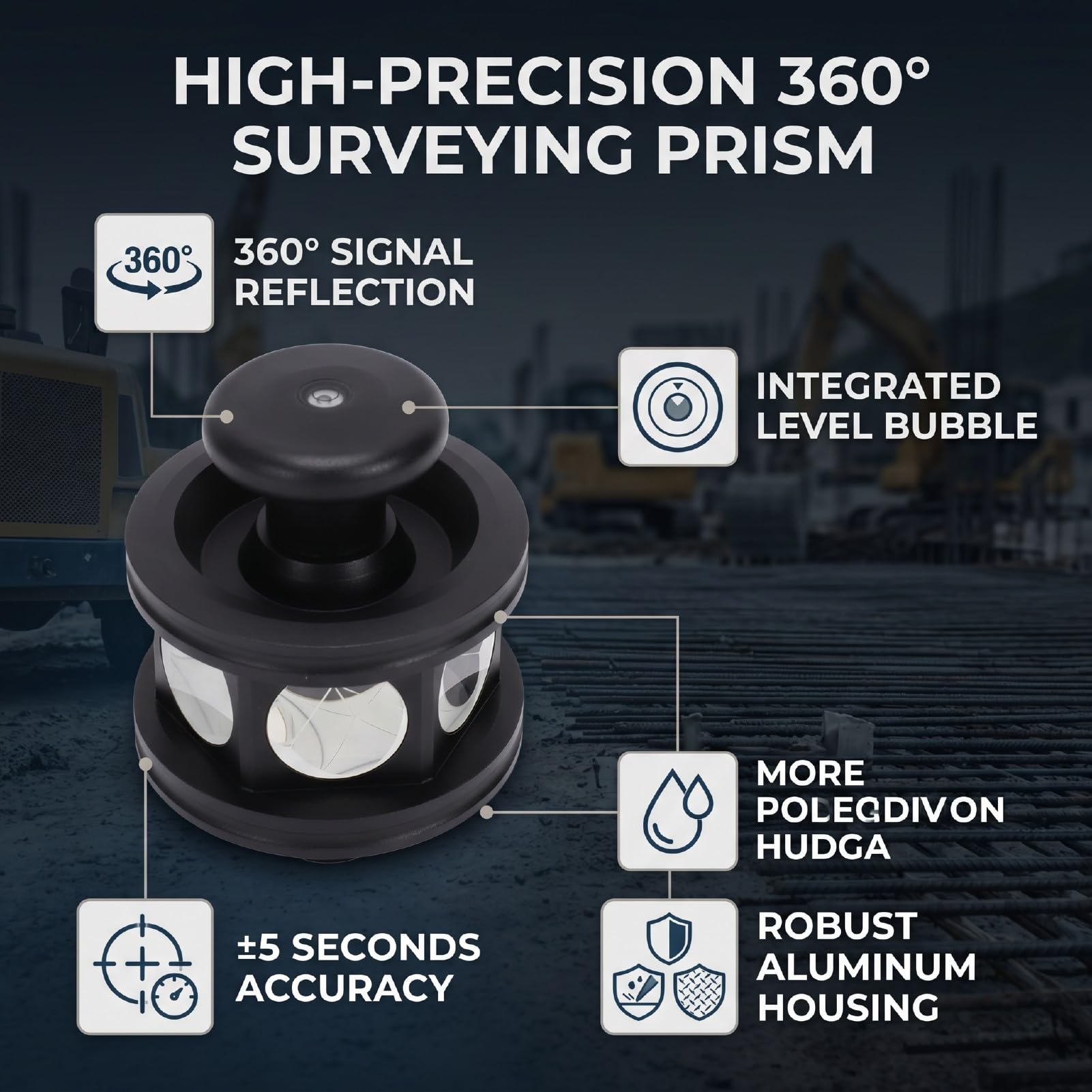 Luocute Pryzmat Tachimetru 360°, dokładność 5 Sekund, Stały Reflektor 0 Mm | do pomiarów geodezyjnych, z wbudowaną poziomicą typu Bullseye, pryzmatem reflektorowym 360° i futerałem ochronnym Mini Design