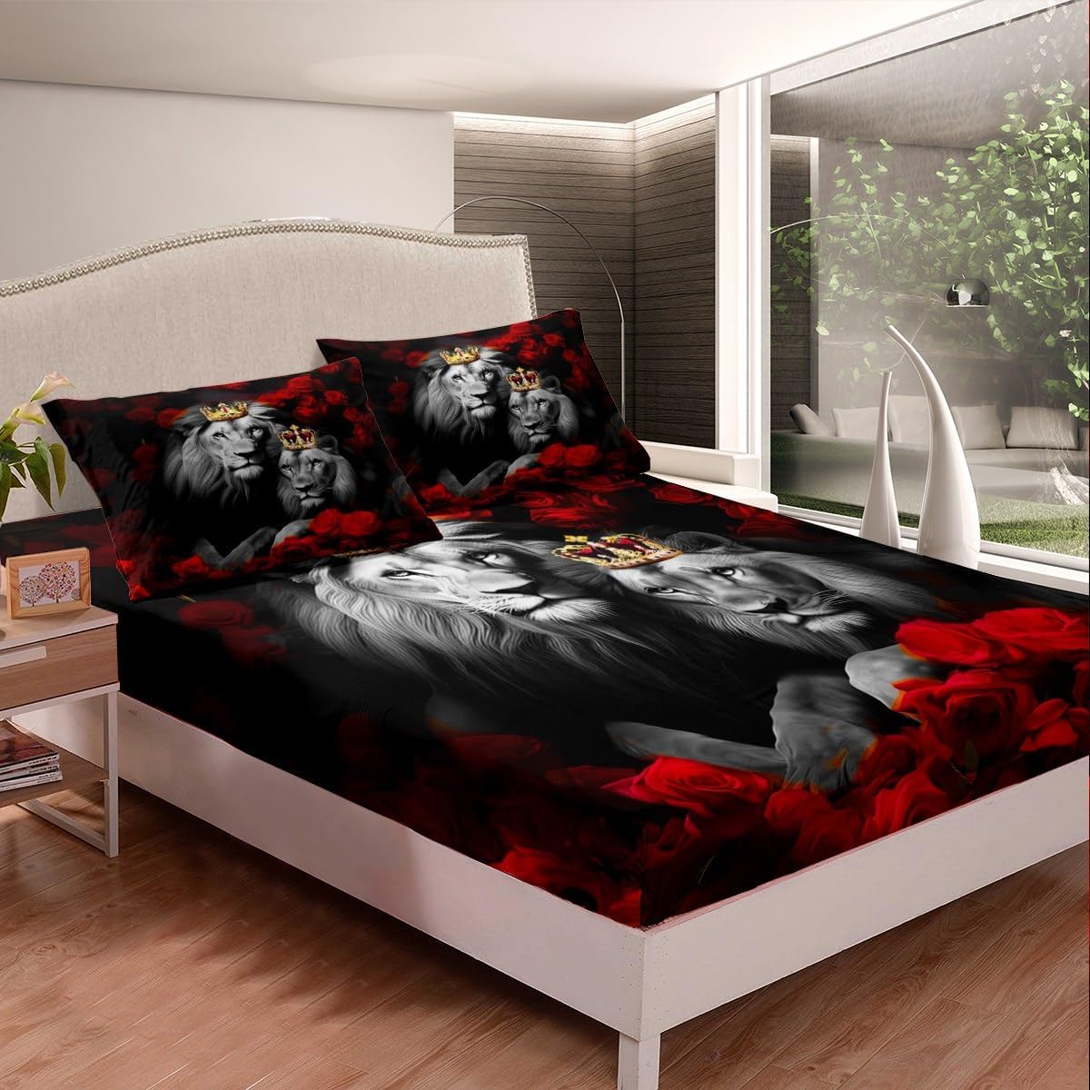 jejeloiu Wild Lion Couple Fitted Sheet Queen Size Couple Red Rose Floral Bedding Set for Girls Women Lover Gold King and Queen Crown Bed Sheet Set Valentine's Day Bed Cover Deep Pocket Room Decor