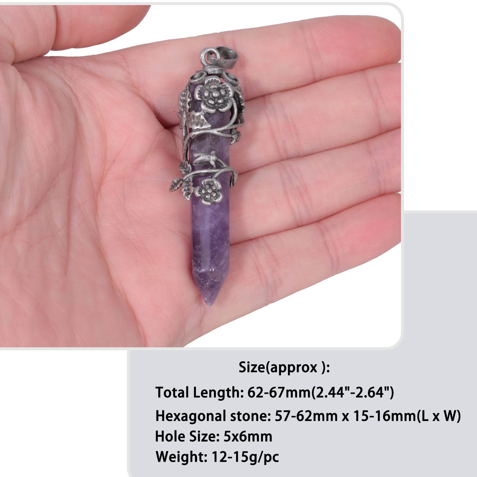 Nupuyai Vintage Flower Amethyst Crystal Point Pendant Necklace for Women Hexagonal Pendulum Reiki Wrap Stone Pendant with Chain - Image 2