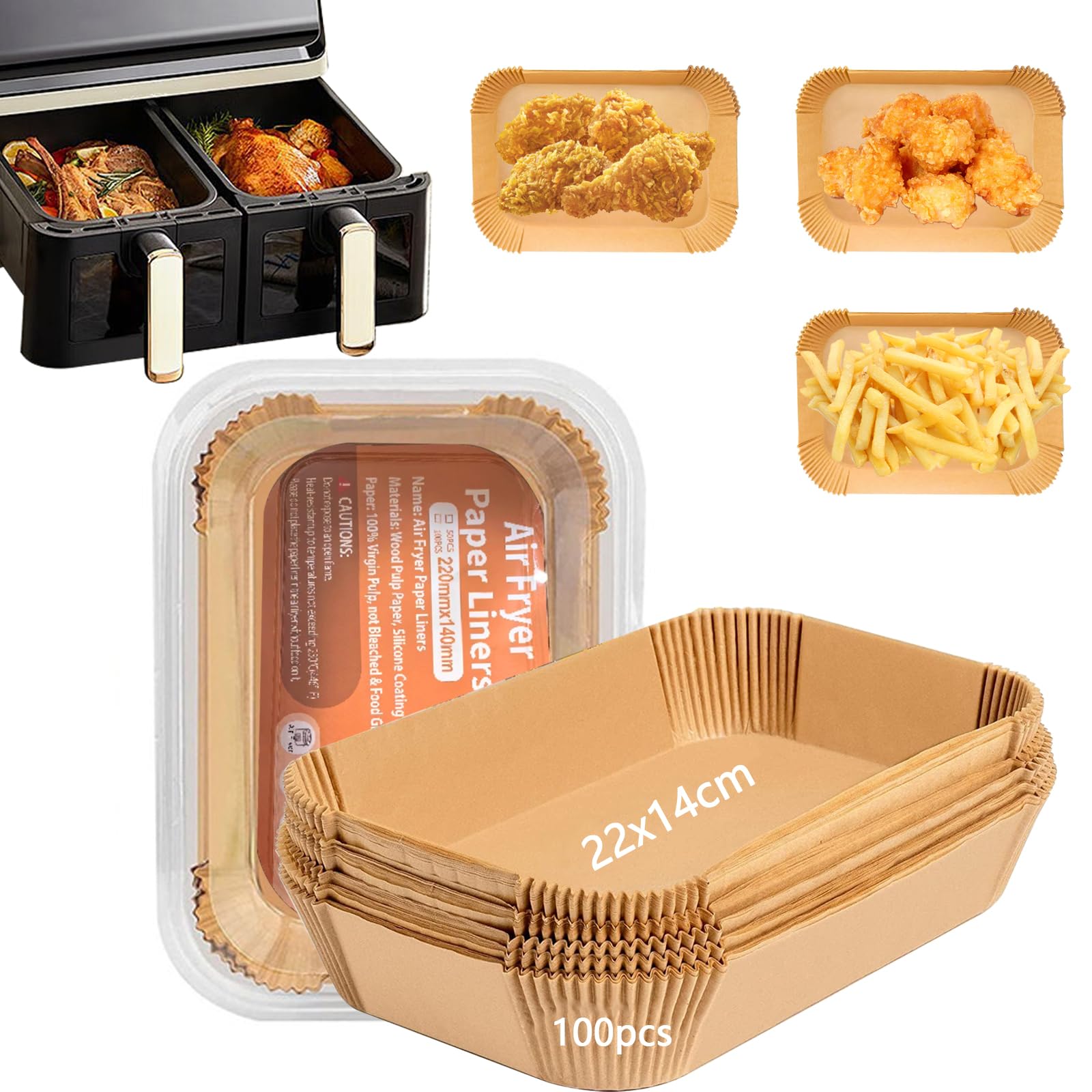 Papel Freidora Aire Rectangular, 100 Piezas 22x14cm,BPA Free Papel Pergamino Desechable,Antigrasa,Antiadherente Papel de Horno para Doble Air Fryer Accesorios (100 Piezas Rectangular 22x14cm)