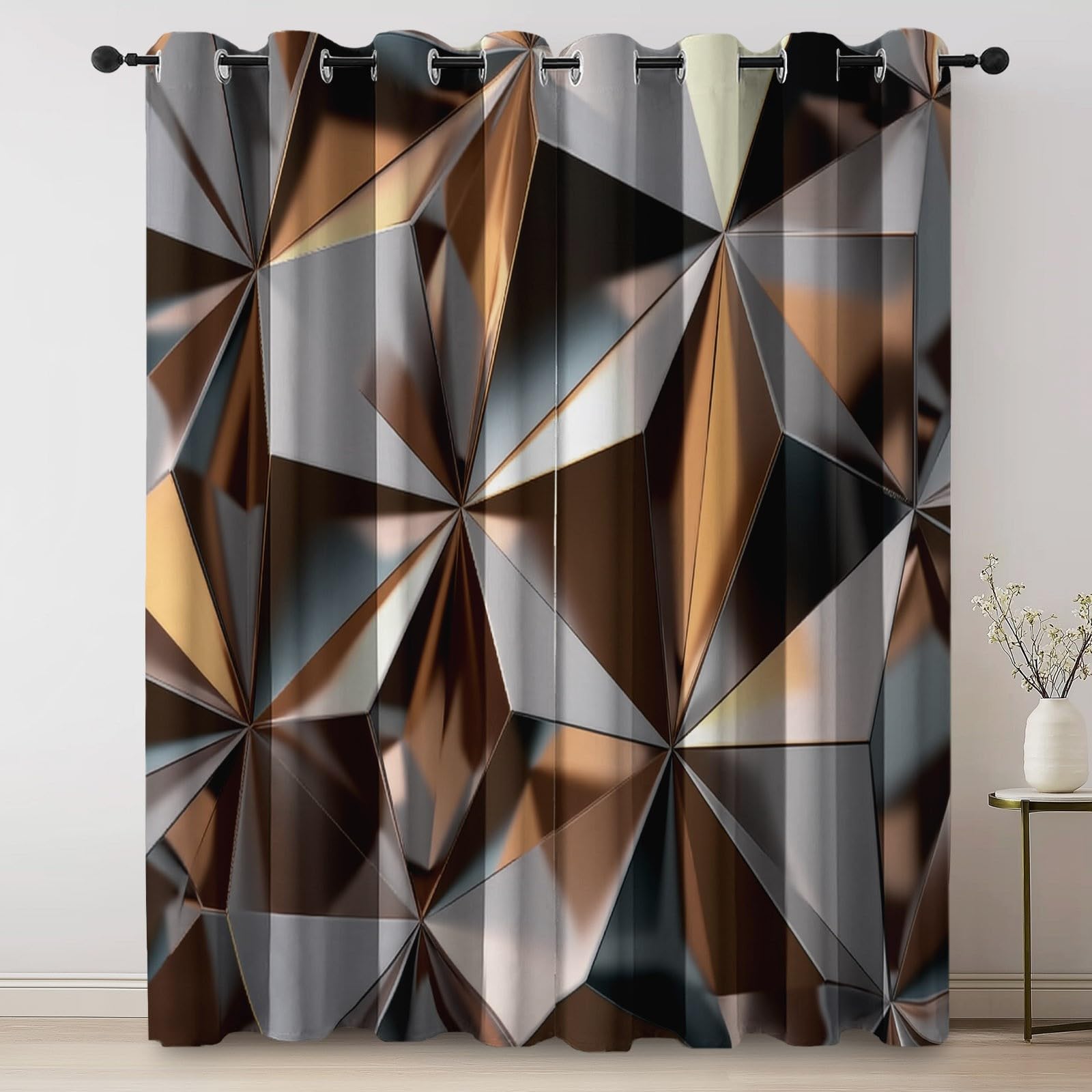 Rideaux Occultants Isolants Anti-Froid 91.5L X 160H cm (2 Panneaux), Design Luxe Moderne Géométrique, Tenture à Œillets Opaque pour Salon et Chambre, Argent Marron