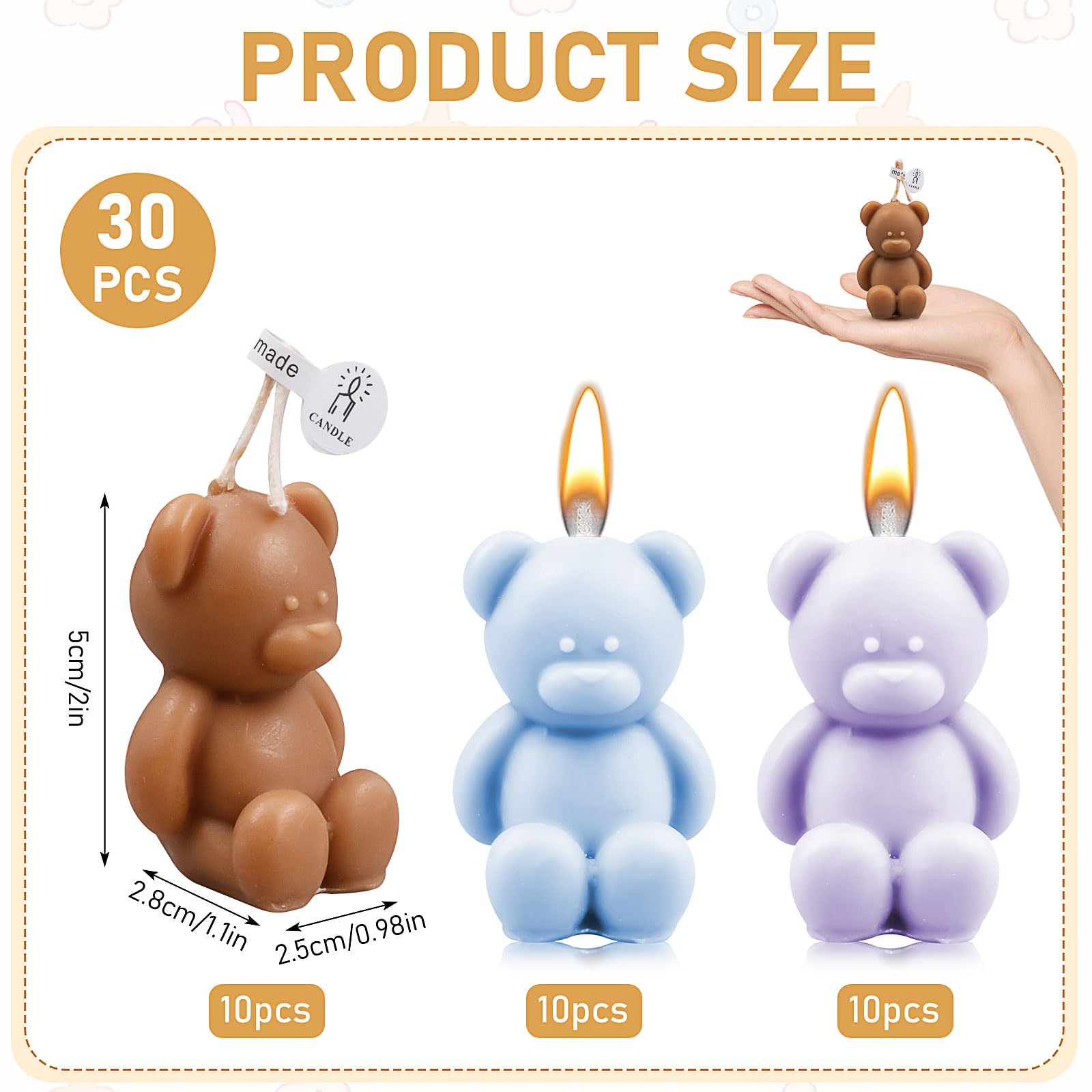 30 Pcs Bear Baby Shower Candle Favors Bear Baby Shower Favors for Guest Party Favors Candles Bulk for Gifts Bear Party Favors Decorations (Blue, Purple, Dark Brown) - Image 3