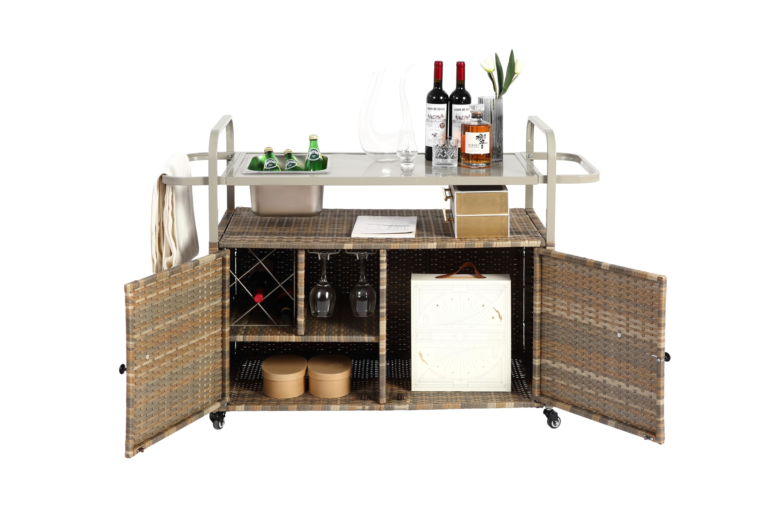 Mesa de bar para exteriores, carrito de mimbre con gabinete, carrito de servicio de patio con tapa de acero, con un cubo de hielo, cesta lateral para jardín, ruedas bloqueables, lado de piscina y