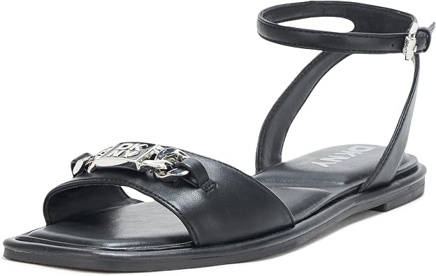 DKNY Womens Bacliff Flat Ankle Strap Sandal With Logo
