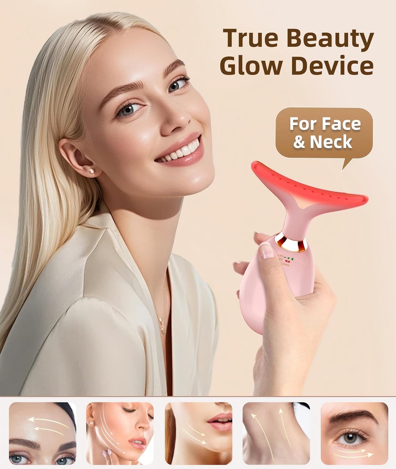 red light facial massager rose gold on vanity near skincare