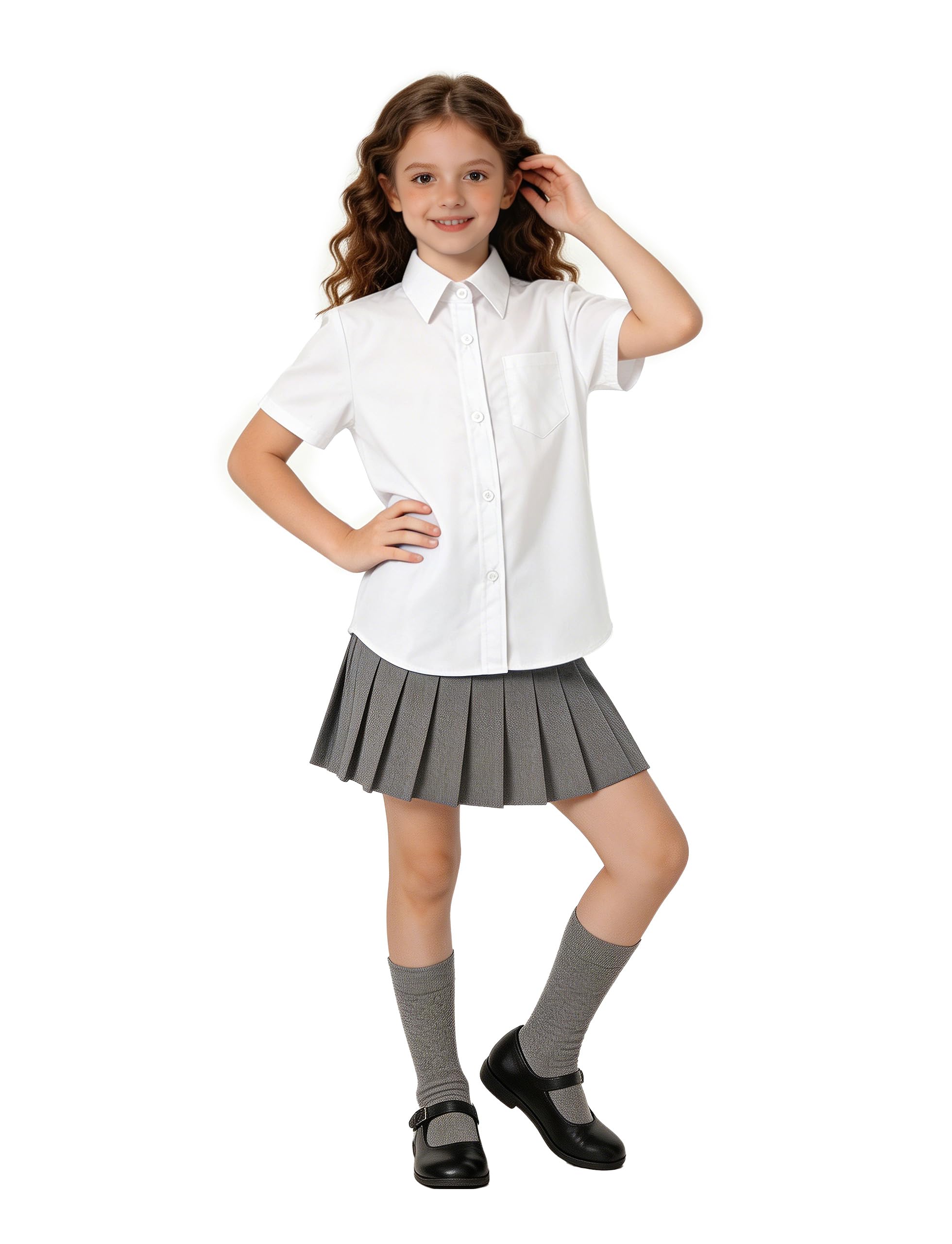 LOLANTA Camisa Escolar Lisa para niña, Blusa de Manga Corta con Bolsillo en el Pecho, fácil Cuidado, Resistente a Las Arrugas,7-13 años