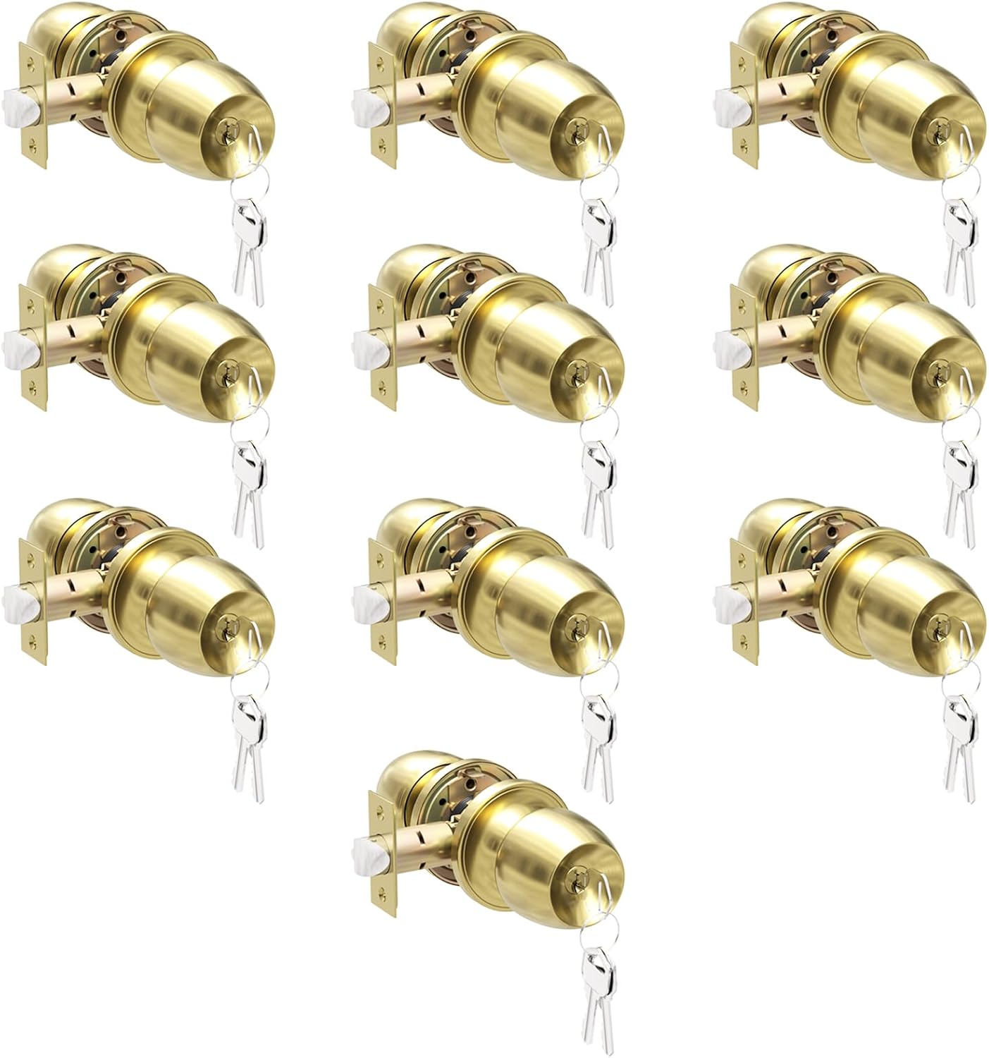Keyed Entry Door Knob with Lock and Key,Round Ball Locking Door Knob, Interior and Exterior Door Lock Set for Bedrooms, Bathrooms and Home Use, Polished Brass, 10 Pack 10 Pack Polished Brass(Similar)