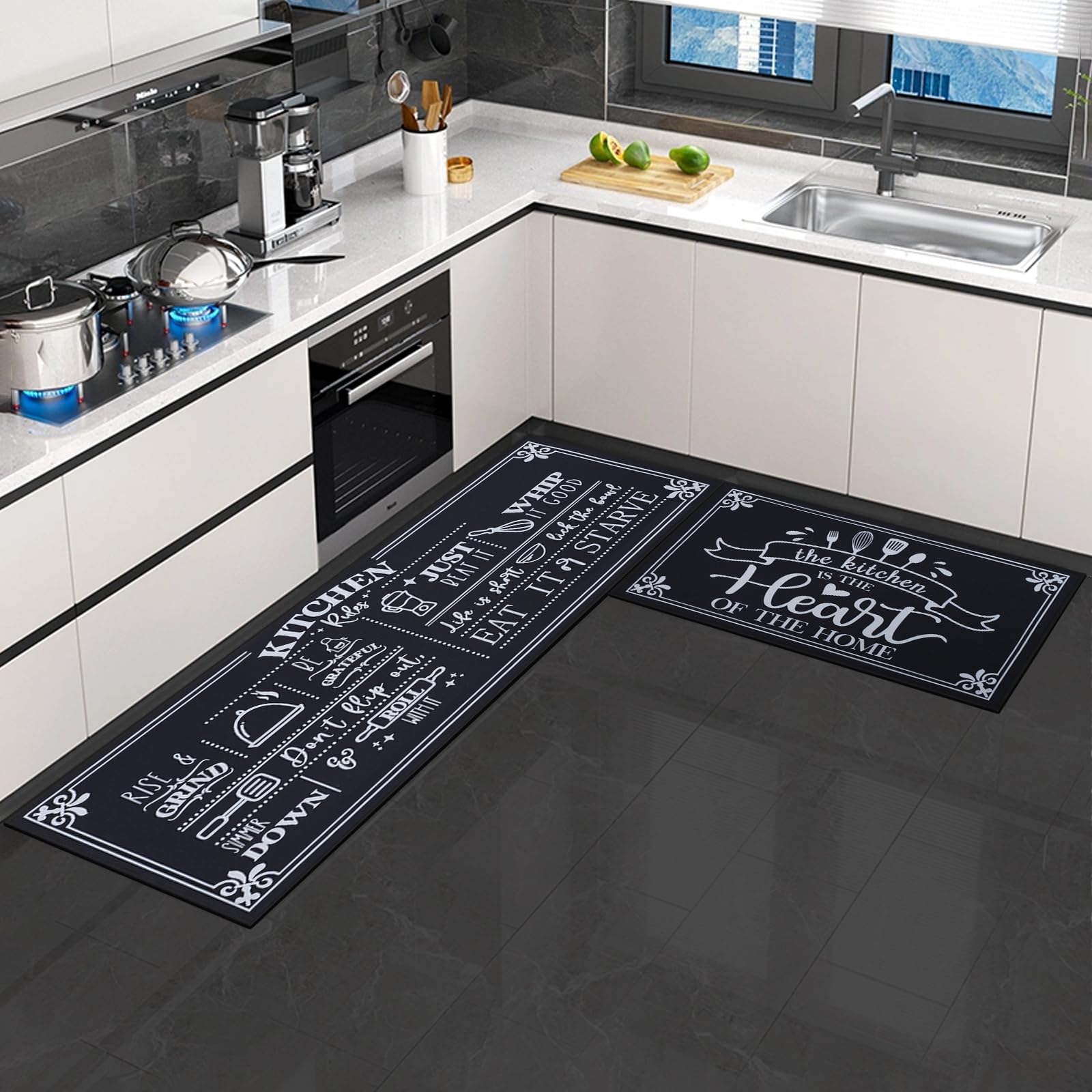 7VSTOHS Kitchen Rugs and Mats 2 Pieces Indoor Carpets Washable Non-Slip Kitchen Rug For Hallway Runner,Dining Room,Entryway,Door Floor Mat(Black,43×75+43×120cm)