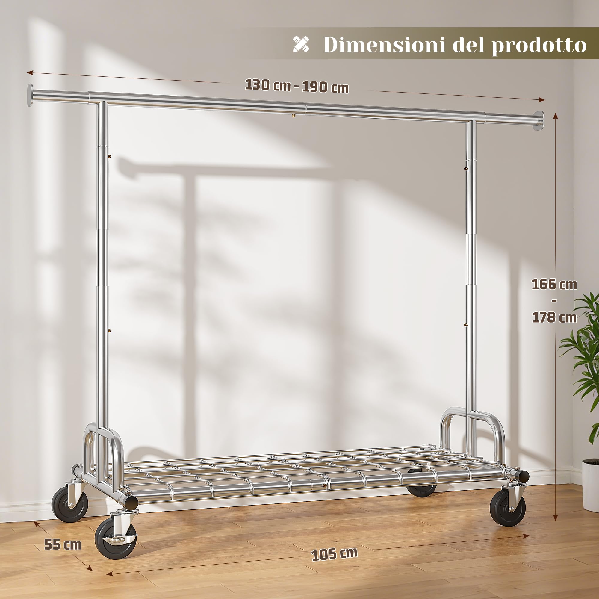 Stand Appendiabiti con Ruote, Portata massima 200KG, Argento | 130–190cm Estensibile, 166-178cm Regolabile in Altezza, per Cappotto invernale, Giacca, Maglioni, Camera da letto, Dormitorio