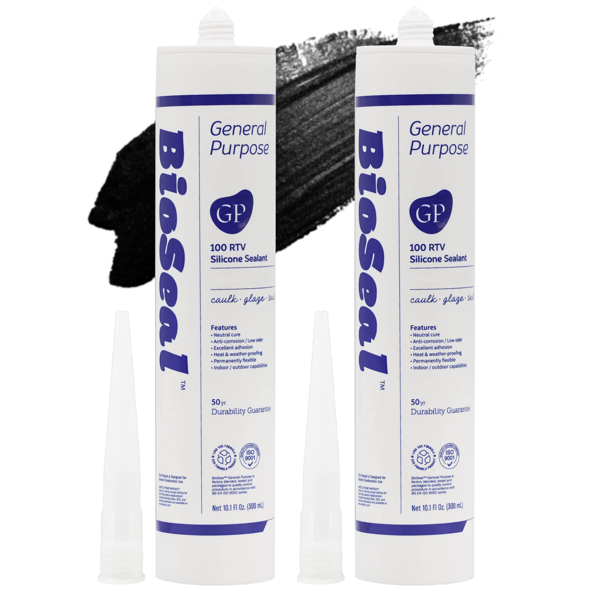 Black BioSeal 100% Silicone Sealant Caulk General Purpose, Waterproof and No Odor 10.1 Ounce Cartridge -Black 2 Set