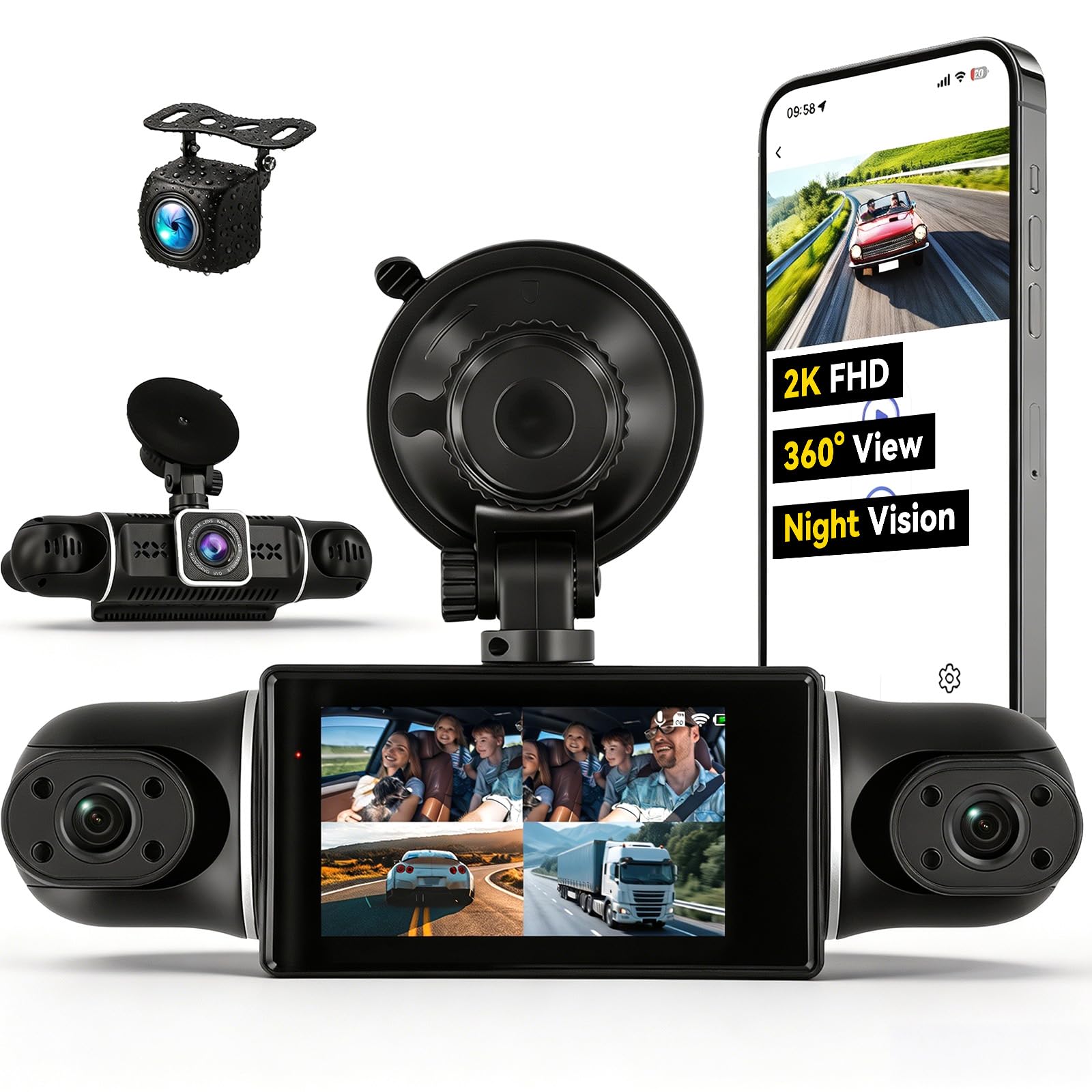 360°Dash Cam Front and Rear Inside, 4 Channel 2K+1080P Front, Rear, Left and Right Bumper Dash Cam 3" for Cars Color Night Vision WiFi G-Sensor, Loop Recording for Cars, Easy Setup, Multi-Language