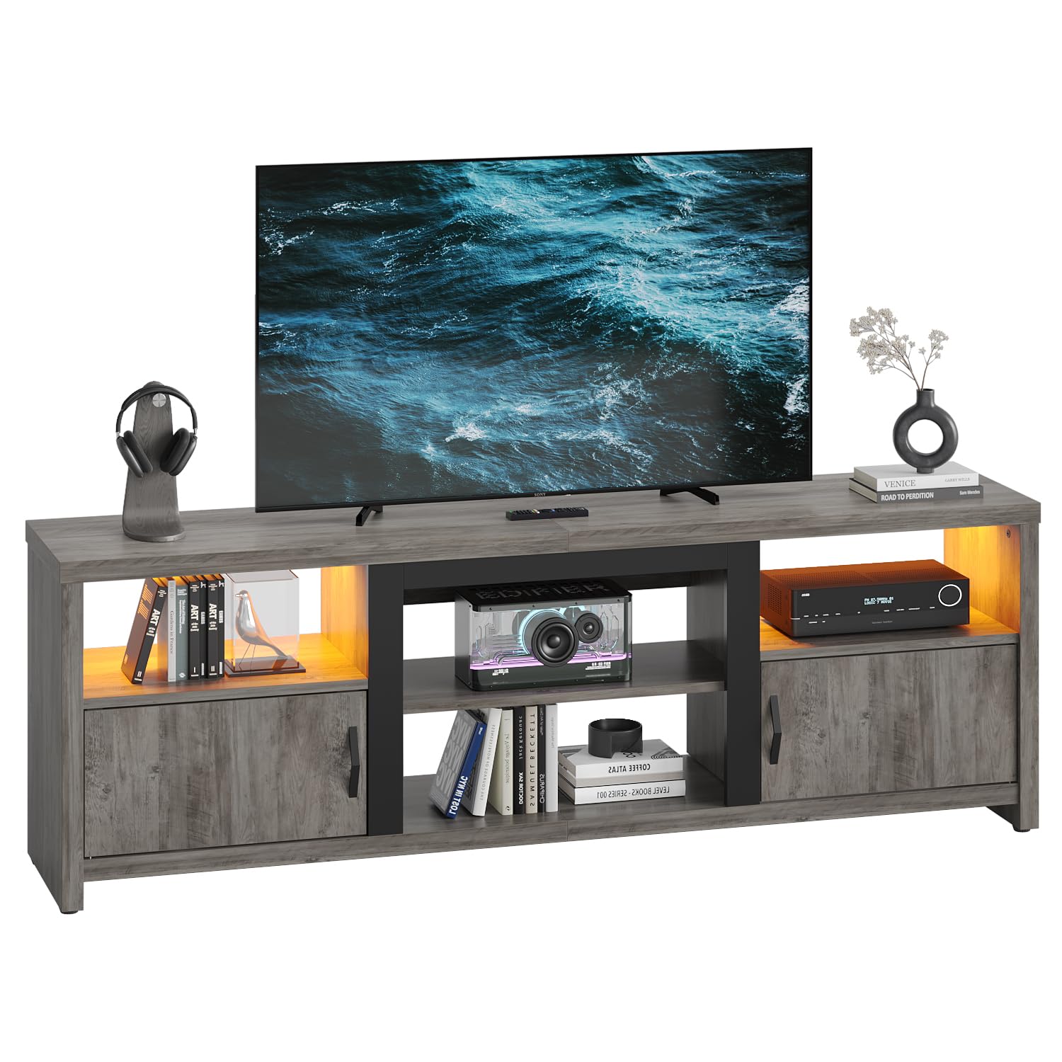 Fully assembled Bestier LED TV Stand in a living room setting, displaying a television and various media devices.