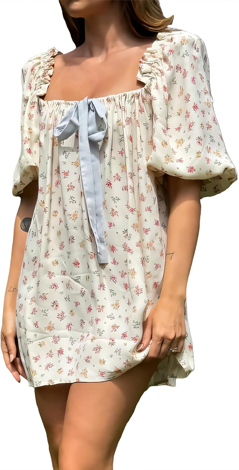 hibshaby Women's Babydoll Short Dress Puff Sleeve Cute Tie Mini Dress Floral Sundress