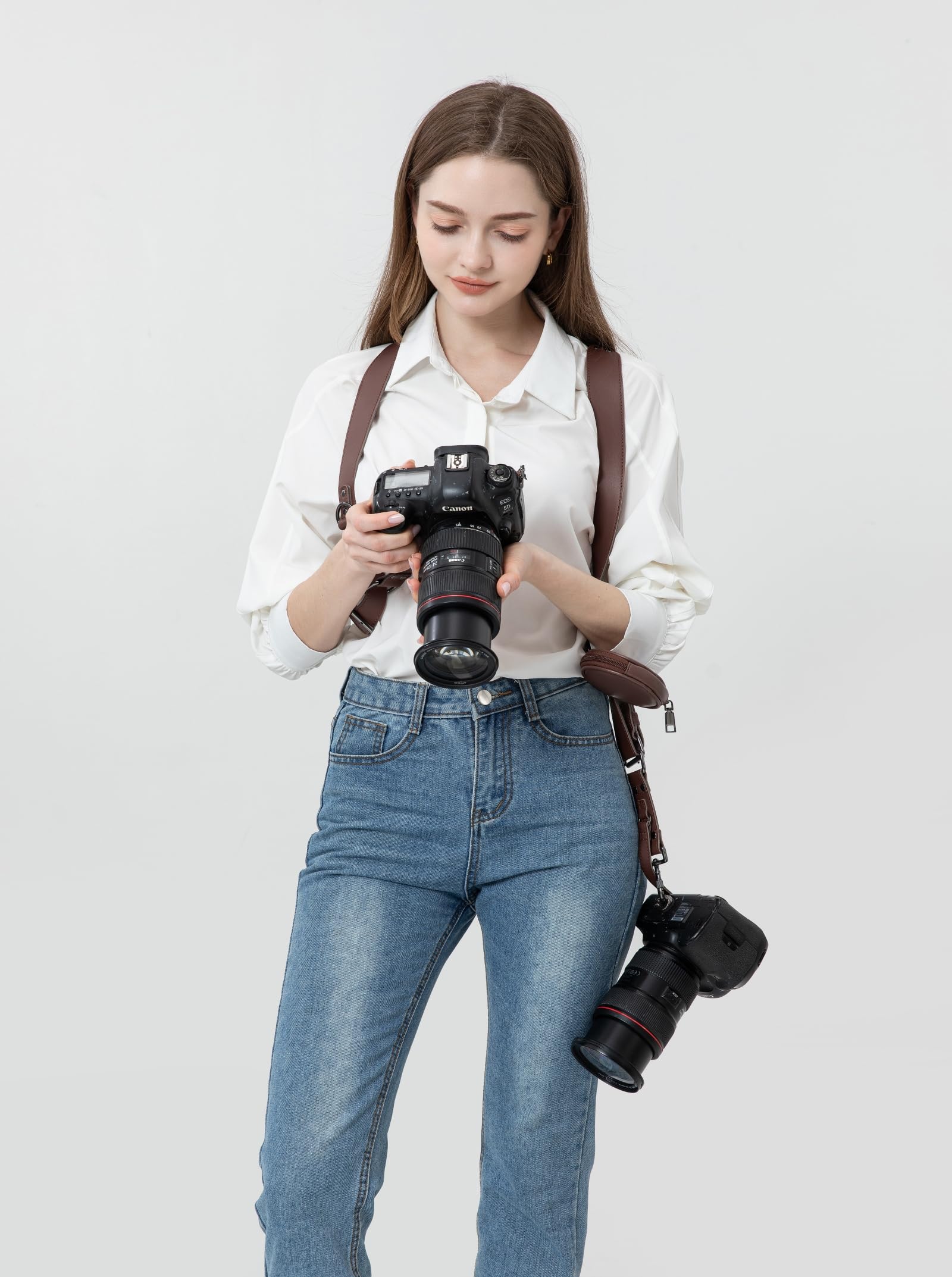 Imbracatura doppia per 2 fotocamere in pelle tracolla per fotocamera DSLR/SLR cinghie per fotografi