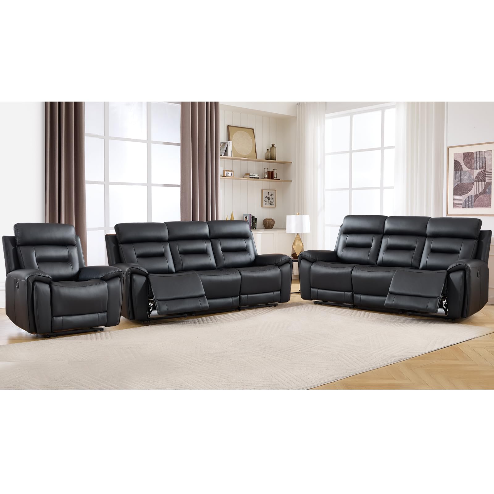 ANJ 3-Piece Faux Leather Power Recliner Sofa Set with USB&amp;Type-C Charging Ports, Include Single Large Recliner Chair and 2 3-Seater Reclining Couches for Living Room, Black