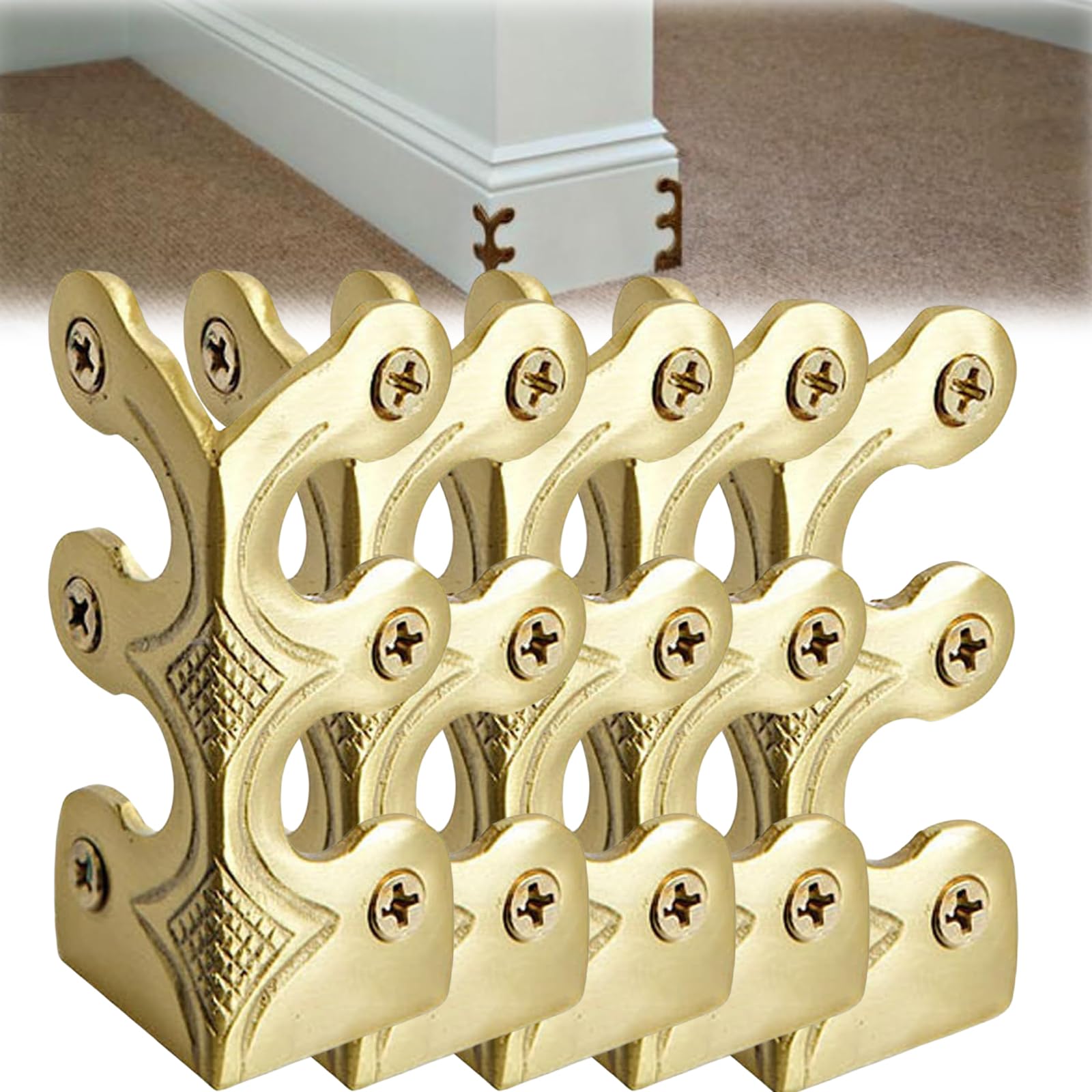 Skiffers Baseboard Corner Protectors, Solid Brass Skirting Board Corner Protectors, Decorative Protector Cover, Vintage Brass Corner Protectors for Skirting Boards (Gold 5Pcs)