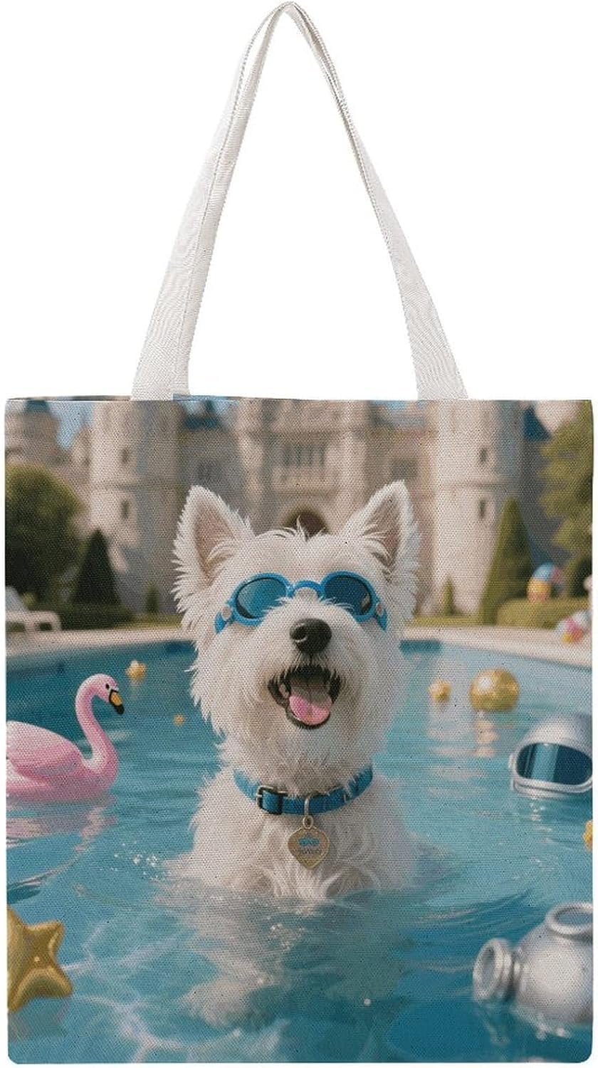 Canvas Tote Bag 16x15 In Lightweight Foldable Shoulder Hobo Purse | Westie Pool Grace, Casual Tote with 10" Strap, Everyday Carryall, for Travel Work Grocery Shopping Beach Mark Gym Yoga