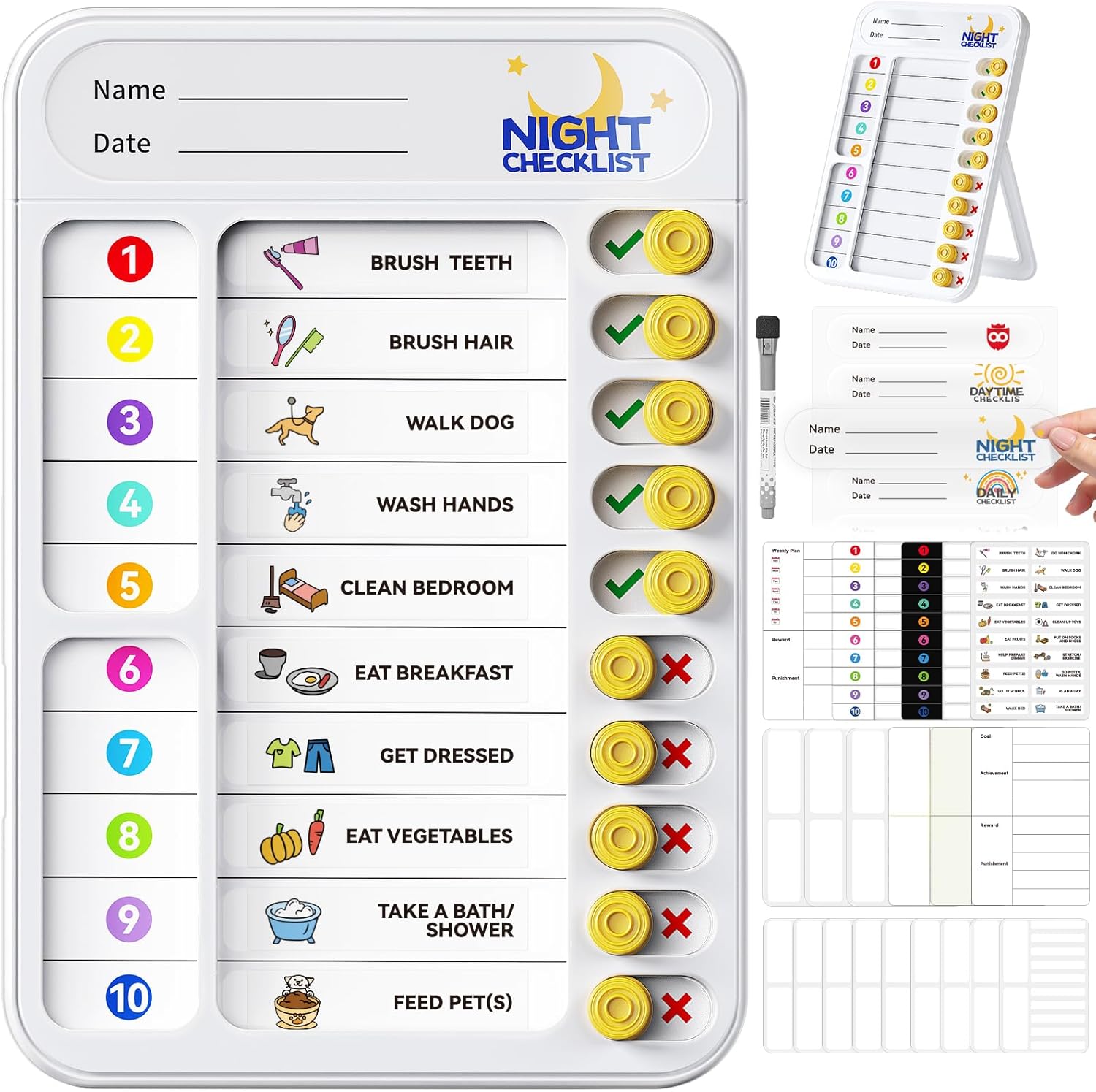 Chore Chart for Kids ADHD Tools to Do List Checklist Magnetic Planning Board with Sliders, Visual Schedule Board with Dry Erase Sheets, Sticker, Marker, Routine Chart for Kids - White
