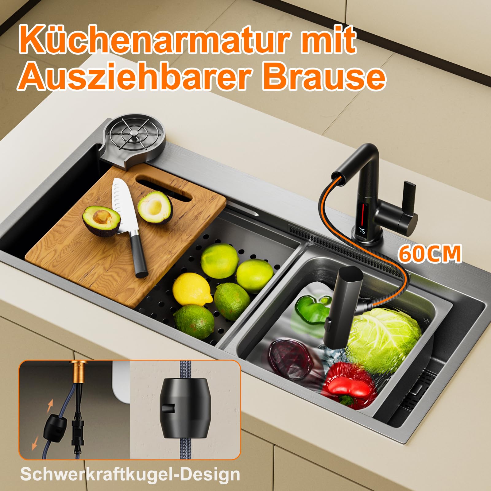 Wasserhahn Küche mit Brause Ausziehbar, 3 Modus Küchenarmatur mit LED Temperaturanzeige, Einhebel Mischbatterie 360° Drehbar Spültischarmatur Küche Armatur Hochdruck, Höhenverstellbar, Schwarz
