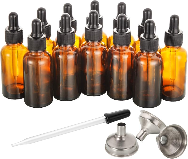 AOZITA Frascos de Vidro Âmbar com Conta-Gotas, 30 mL, Pacote com 12, com 3 Funis, 1 Conta-Gotas de Vidro e 24 Etiquetas