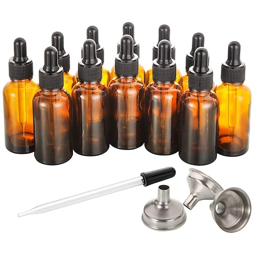 AOZITA 12 Pack, 2 oz Glass Dropper Bottle with 3 Stainless Steel Funnels & 1 Long Glass Dropper - 60ml Amber Tincture Bottles with Eye Droppers for Essential Oils, Liquids - Leakproof Travel Bottle